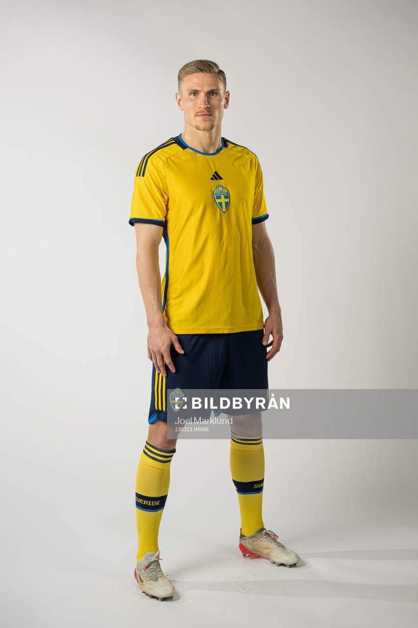 Carl Starfelt of the Swedish national football team poses