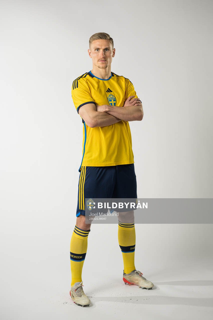 Carl Starfelt of the Swedish national football team poses