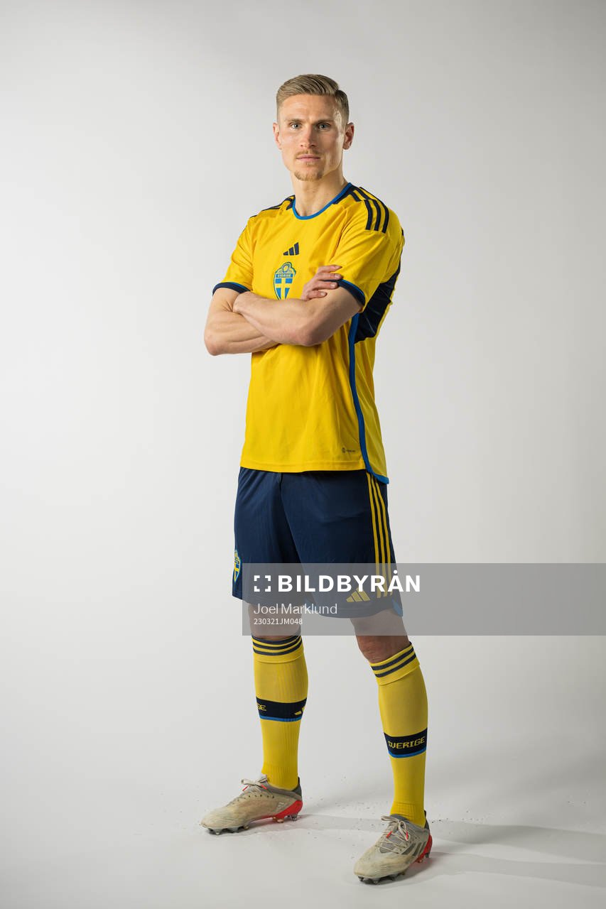 Carl Starfelt of the Swedish national football team poses