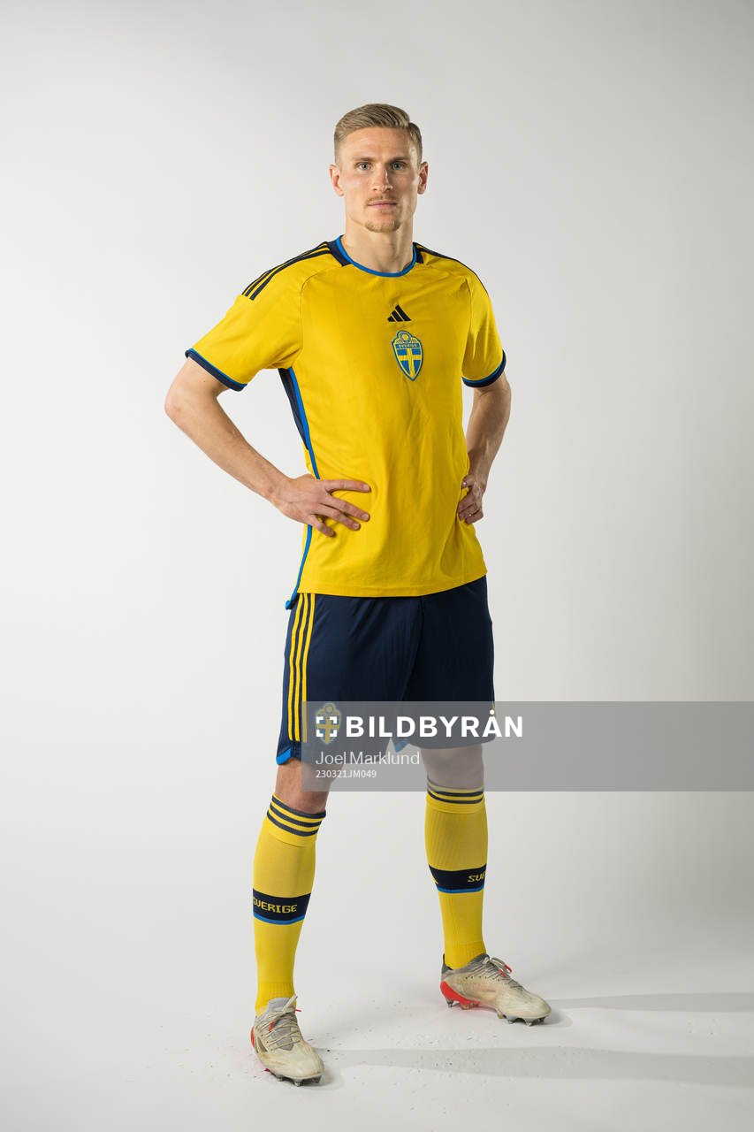Carl Starfelt of the Swedish national football team poses