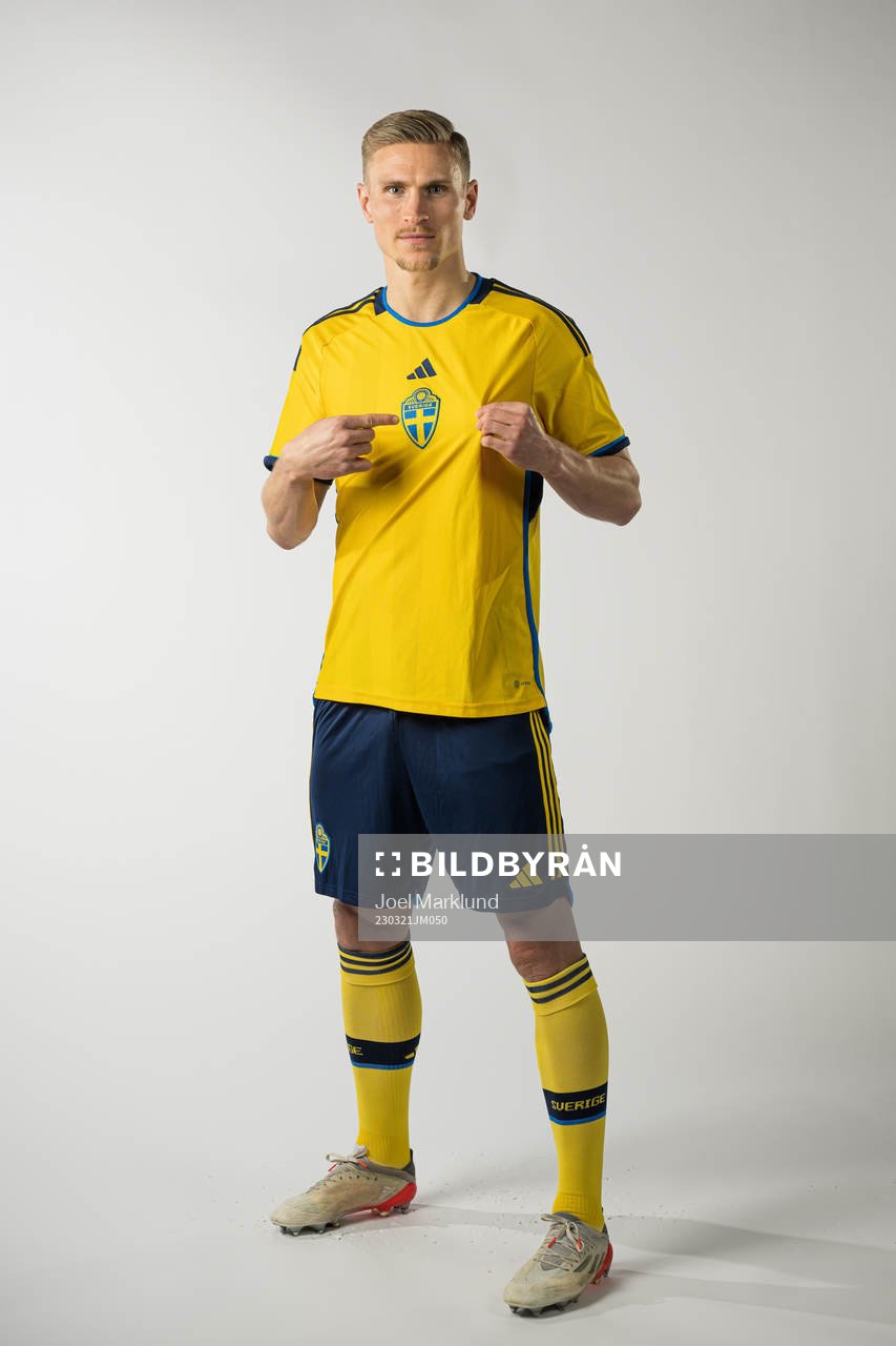 Carl Starfelt of the Swedish national football team poses