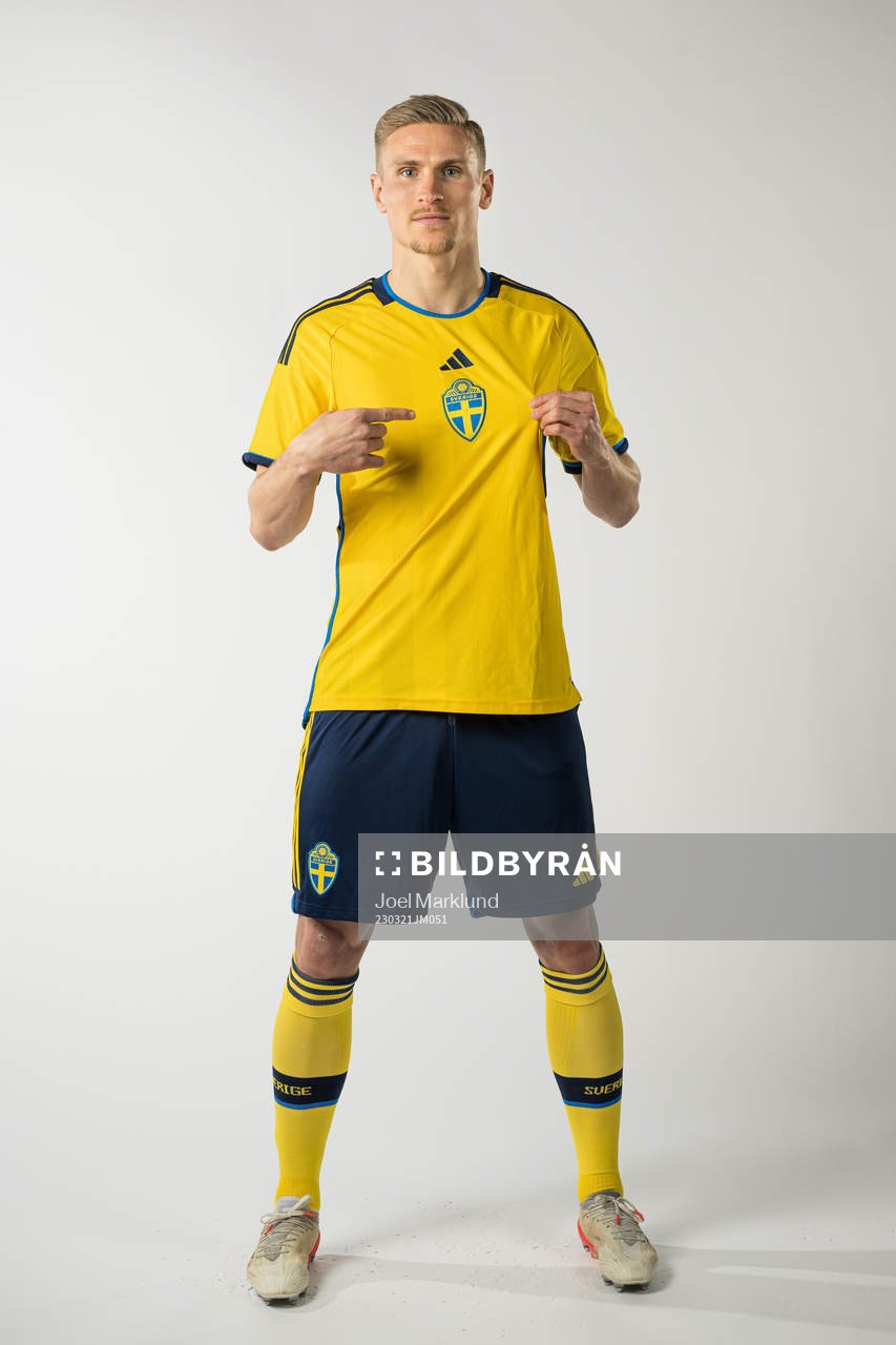 Carl Starfelt of the Swedish national football team poses