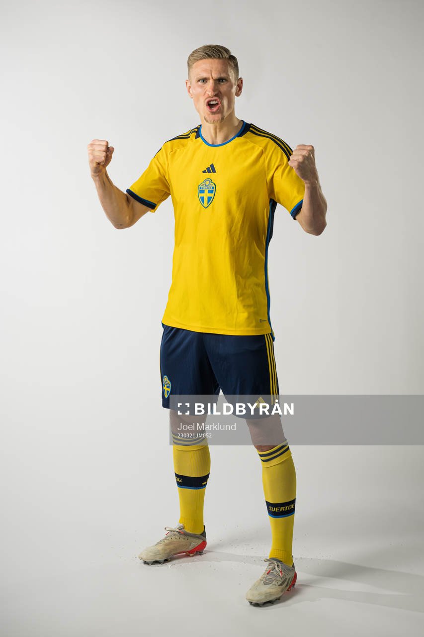 Carl Starfelt of the Swedish national football team poses