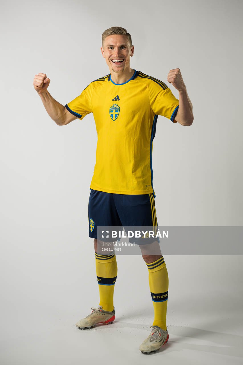 Carl Starfelt of the Swedish national football team poses