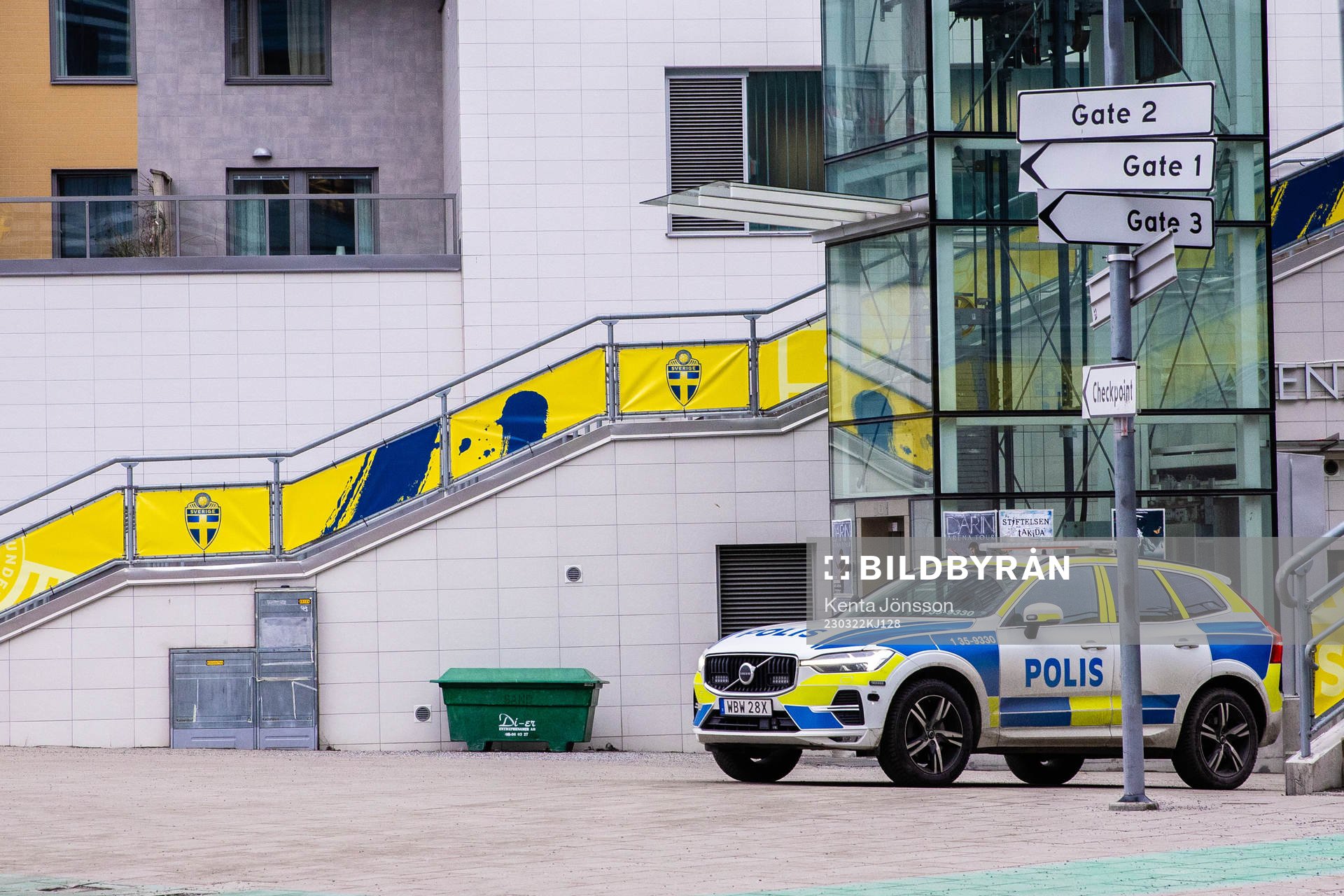 A police car outside of media entrance Gate 2 at Friends