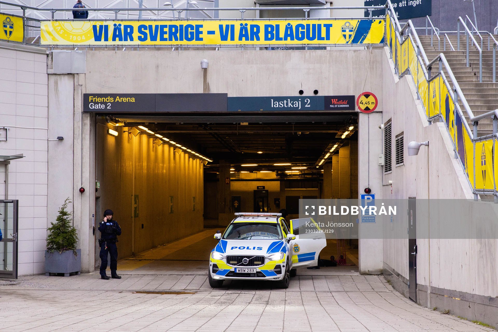 A police car outside of media entrance Gate 2 at Friends