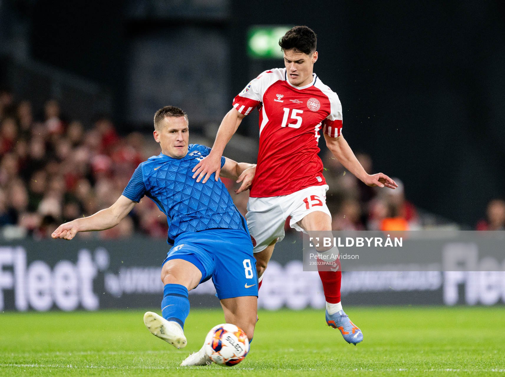 Robin Lod of Finland and Christian Nørgaard of Denmark during the UEFA Euro Qualifier football match between Denmark and Finland on March 23, 2023 in Copenhagen. 