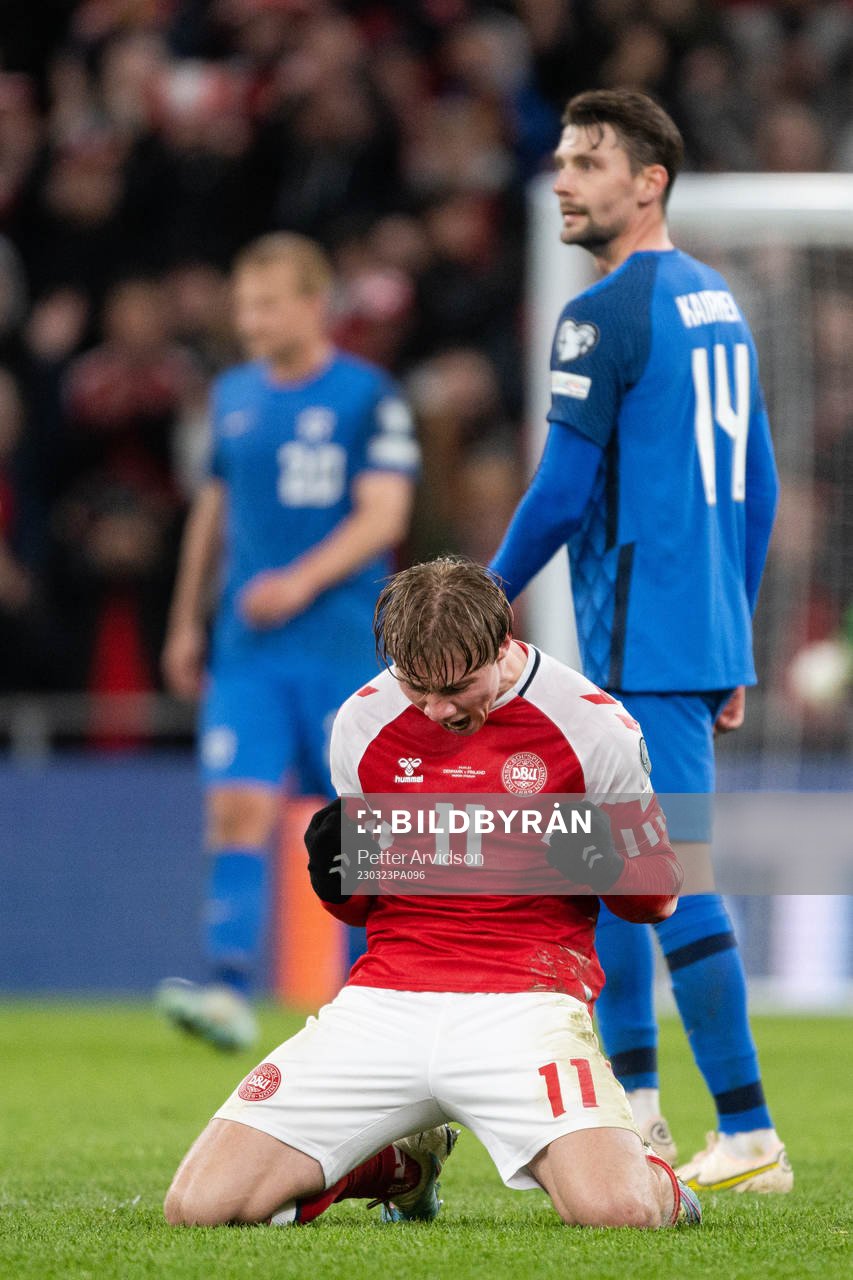 Rasmus Højlund of Denmark celebrates