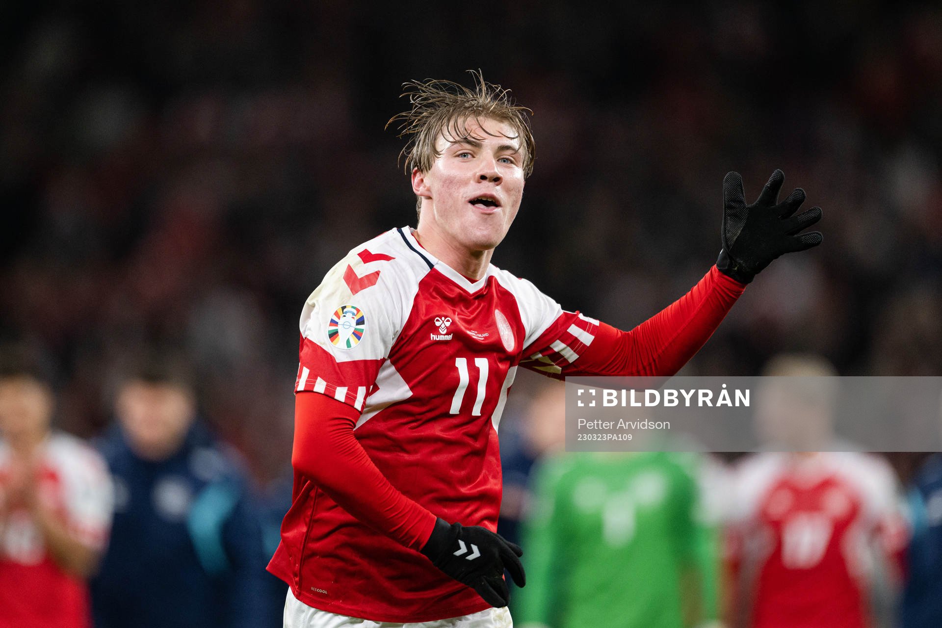 Rasmus Højlund of Denmark celebrates