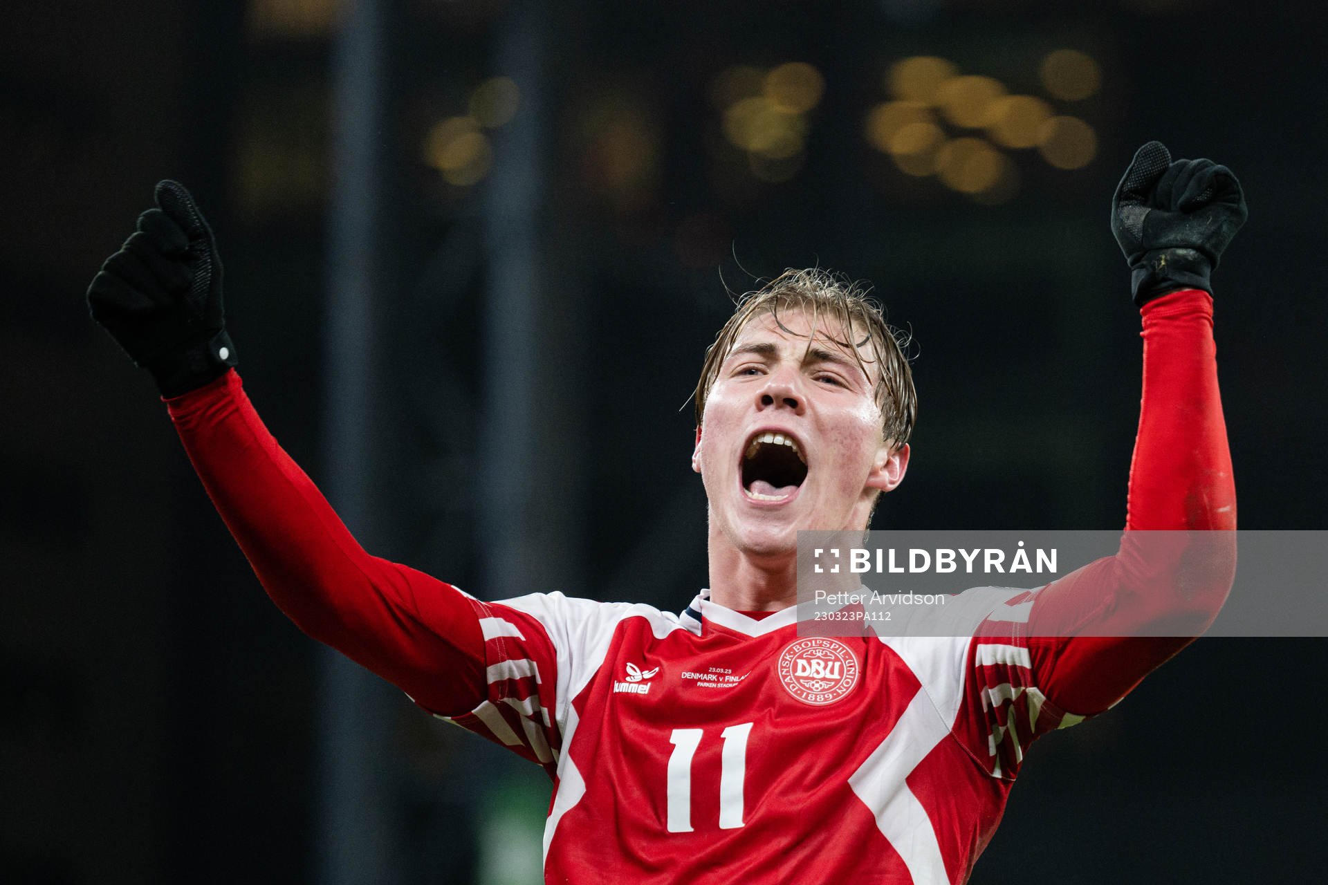 Rasmus Højlund of Denmark celebrates