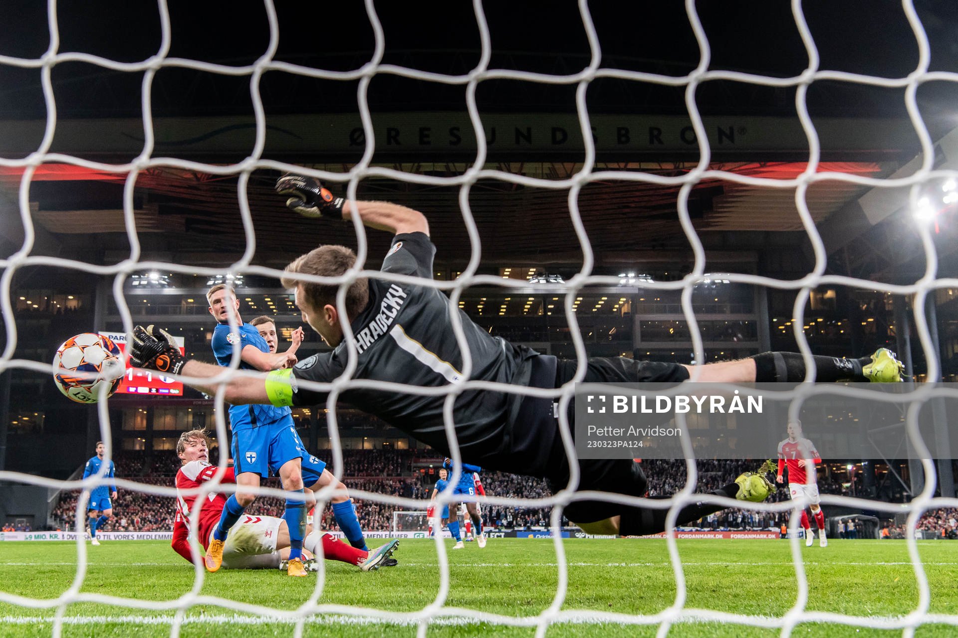 Goalkeeper Lukas Hradecky of Finland makes a save against