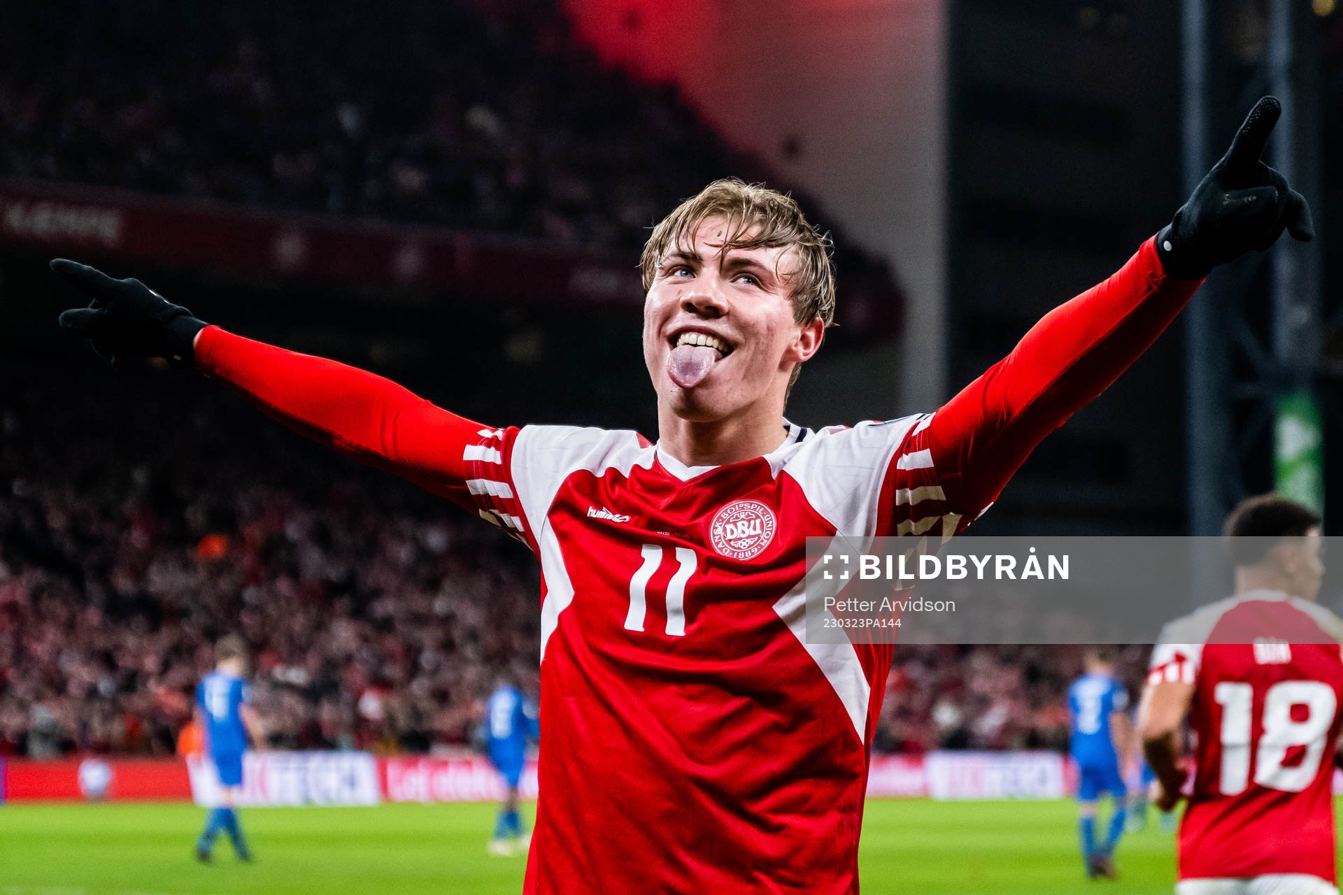 Rasmus Højlund of Denmark celebrates