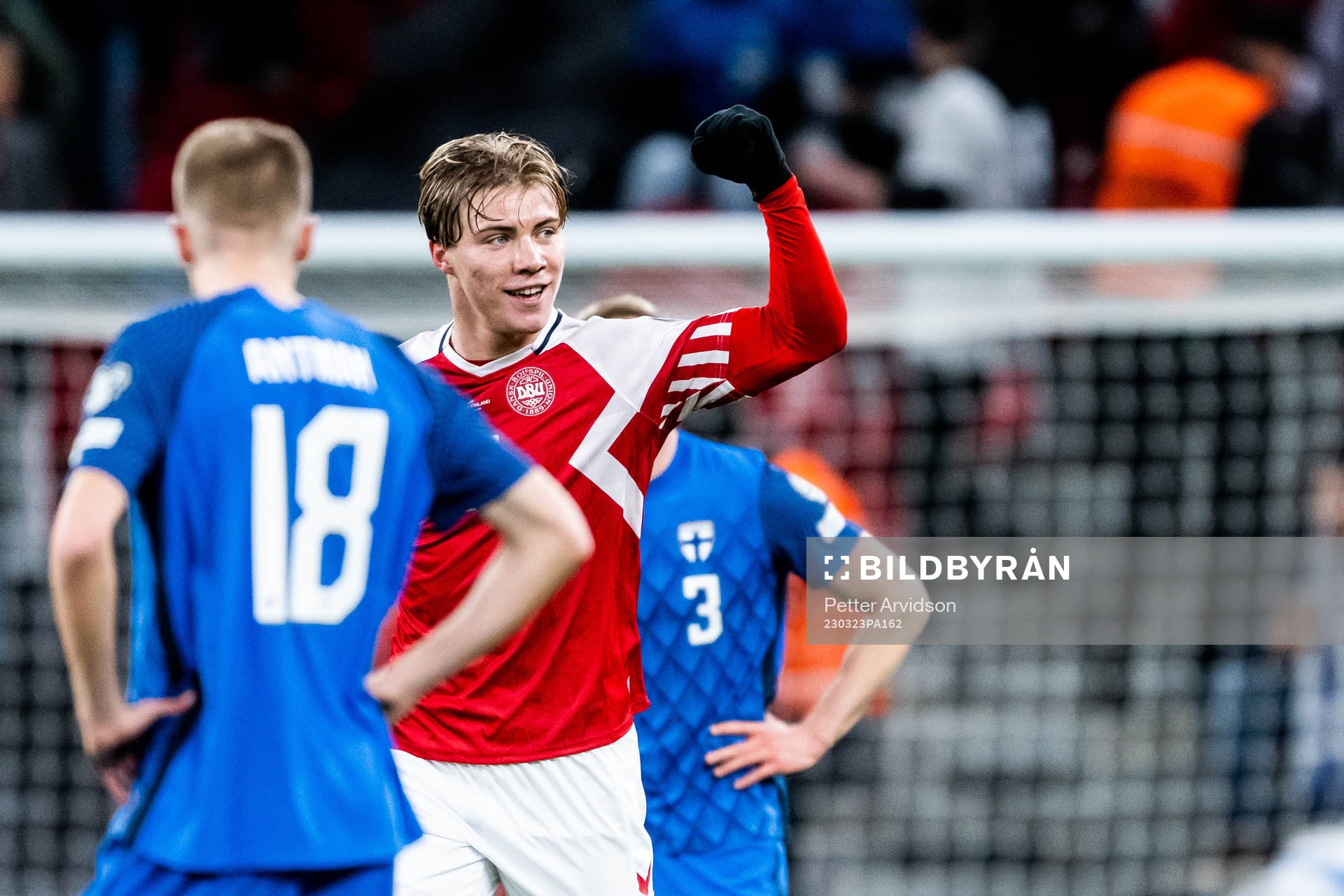 Rasmus Højlund of Denmark celebrates