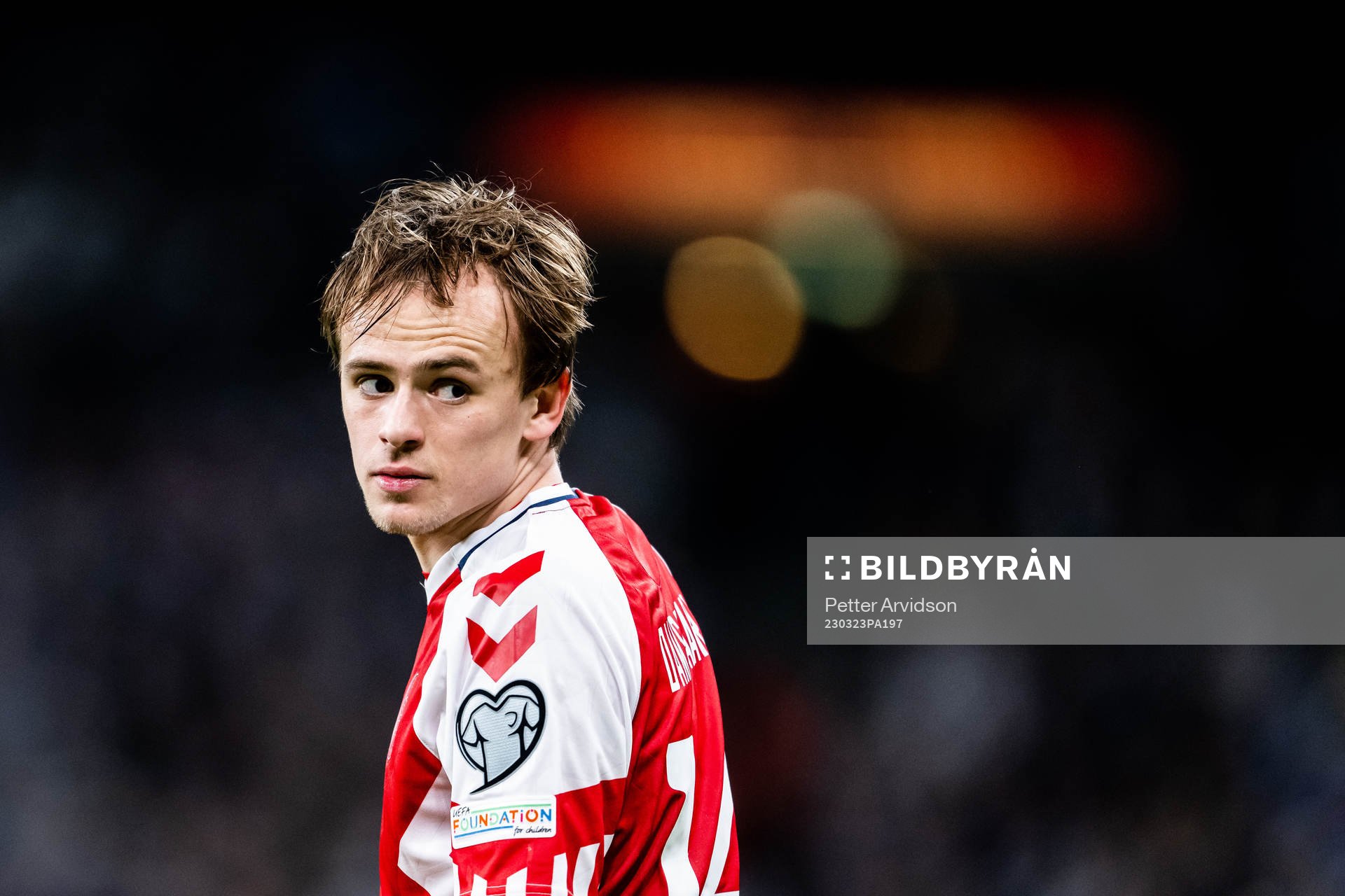 Mikkel Damsgaard of Denmark during the UEFA Euro Qualifier football match between Denmark and Finland on March 23, 2023 in Copenhagen.