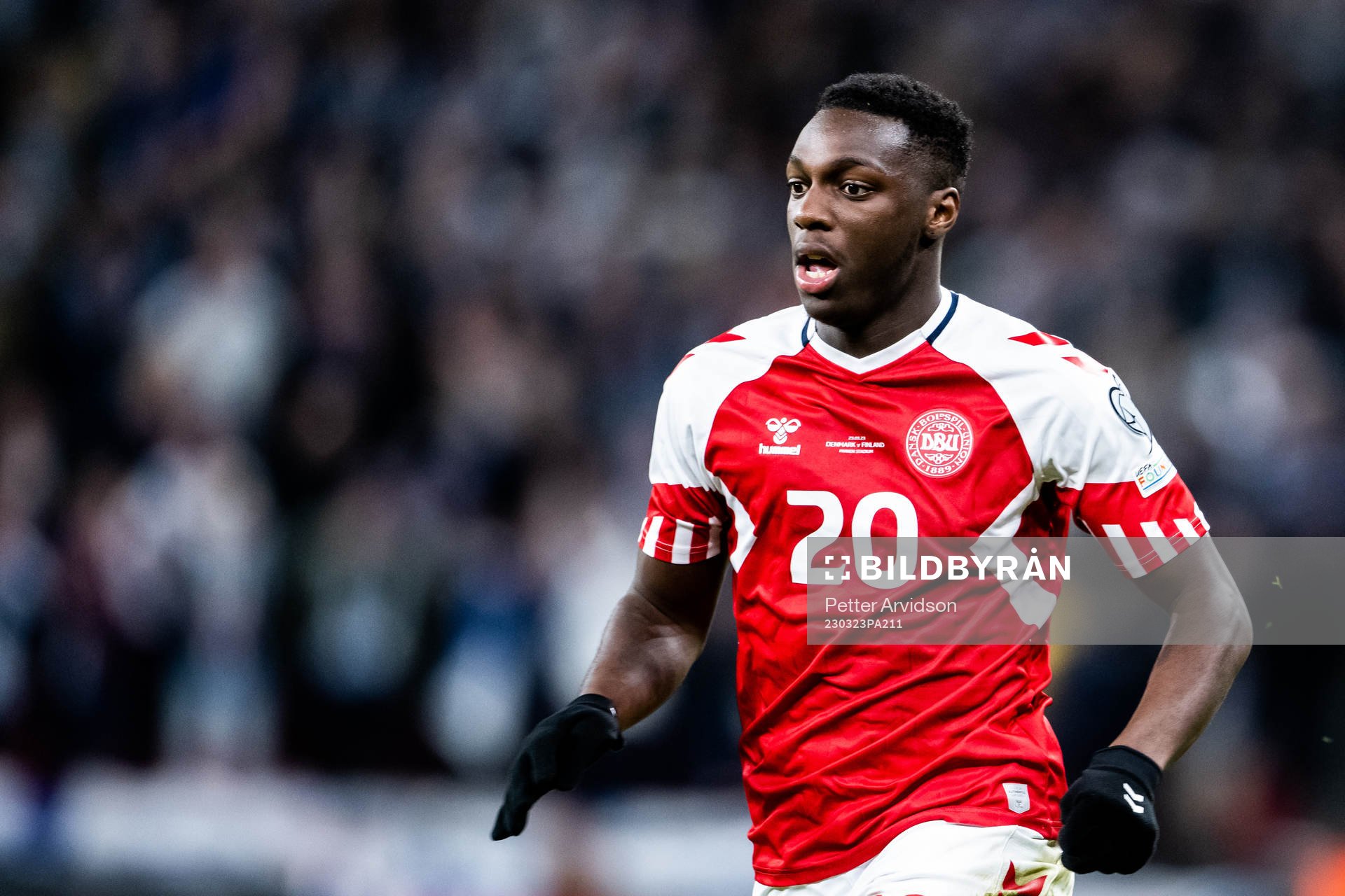 Mohamed Daramy of Denmark during the UEFA Euro Qualifier football match between Denmark and Finland on March 23, 2023 in Copenhagen.