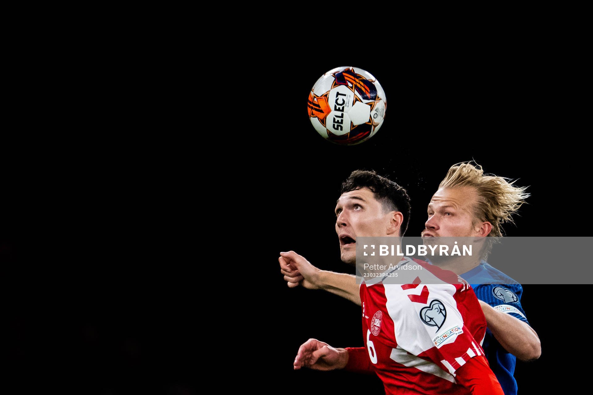 Andreas Christensen of Denmark and Joel Pohjanpalo of Finland during the UEFA Euro Qualifier football match between Denmark and Finland on March 23, 2023 in Copenhagen.