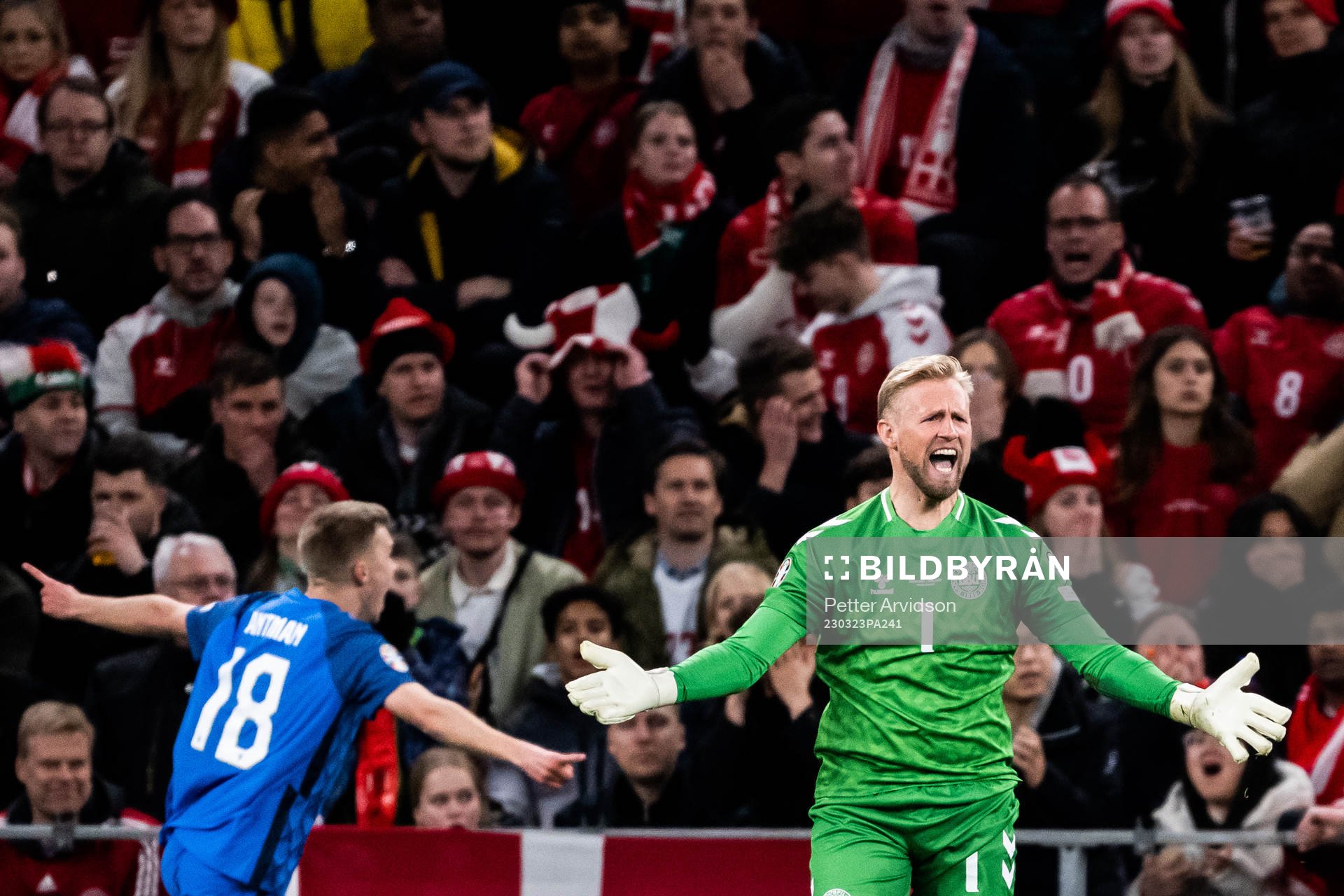 Goalkeeper Kasper Schmeichel of Denmark reacts as Oliver