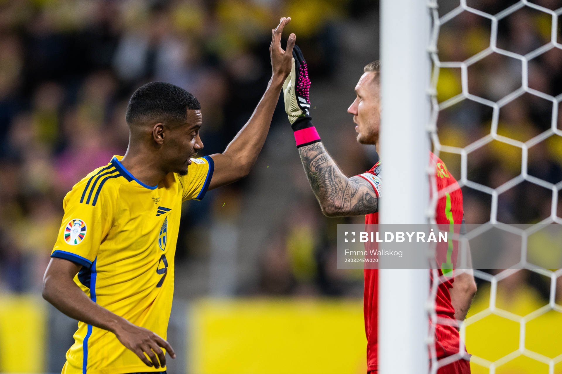 Alexander Isak and goalkeeper Robin Olsen of Sweden