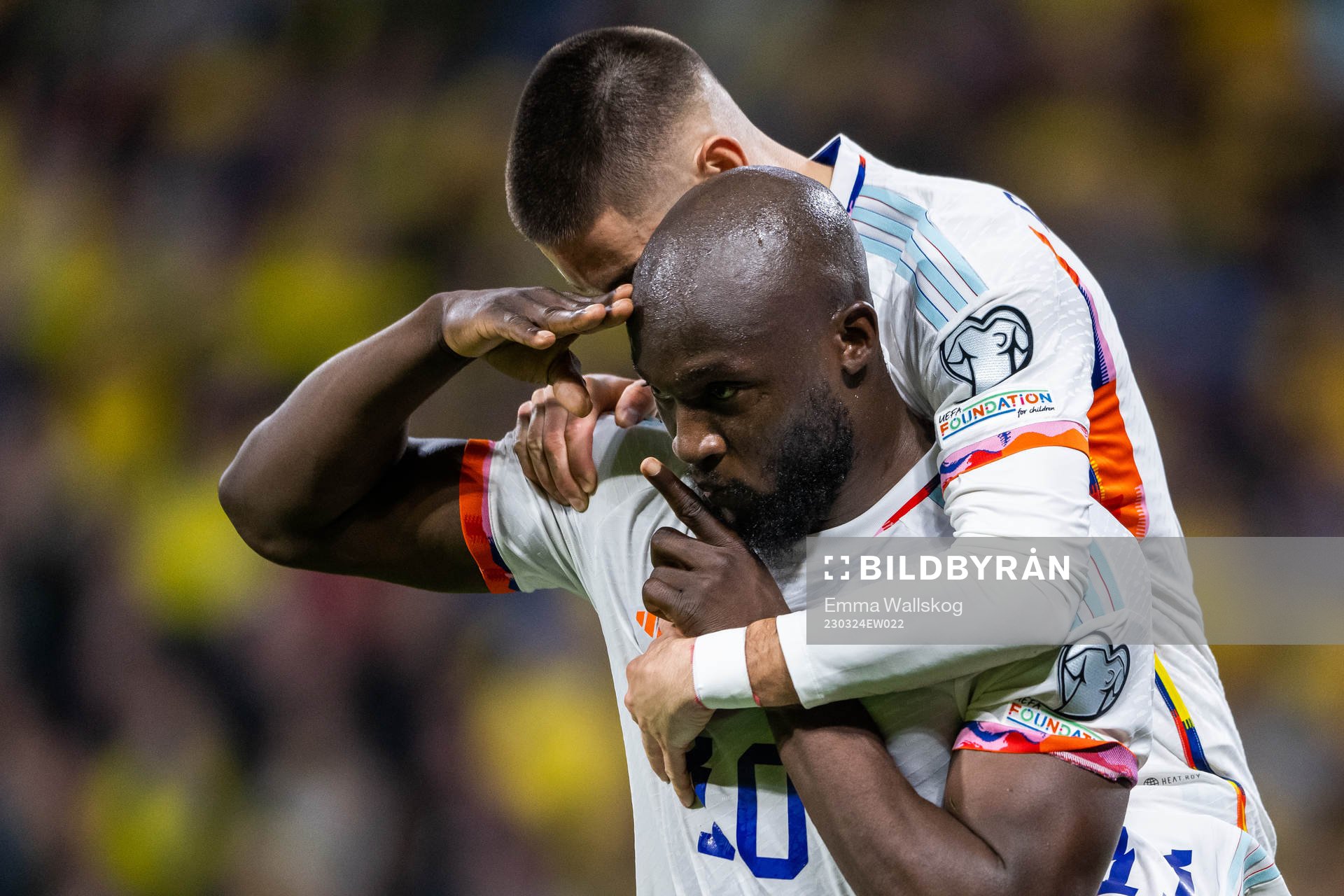 Romelu Lukaku of Belgium celebrates with Yannick Carrasco