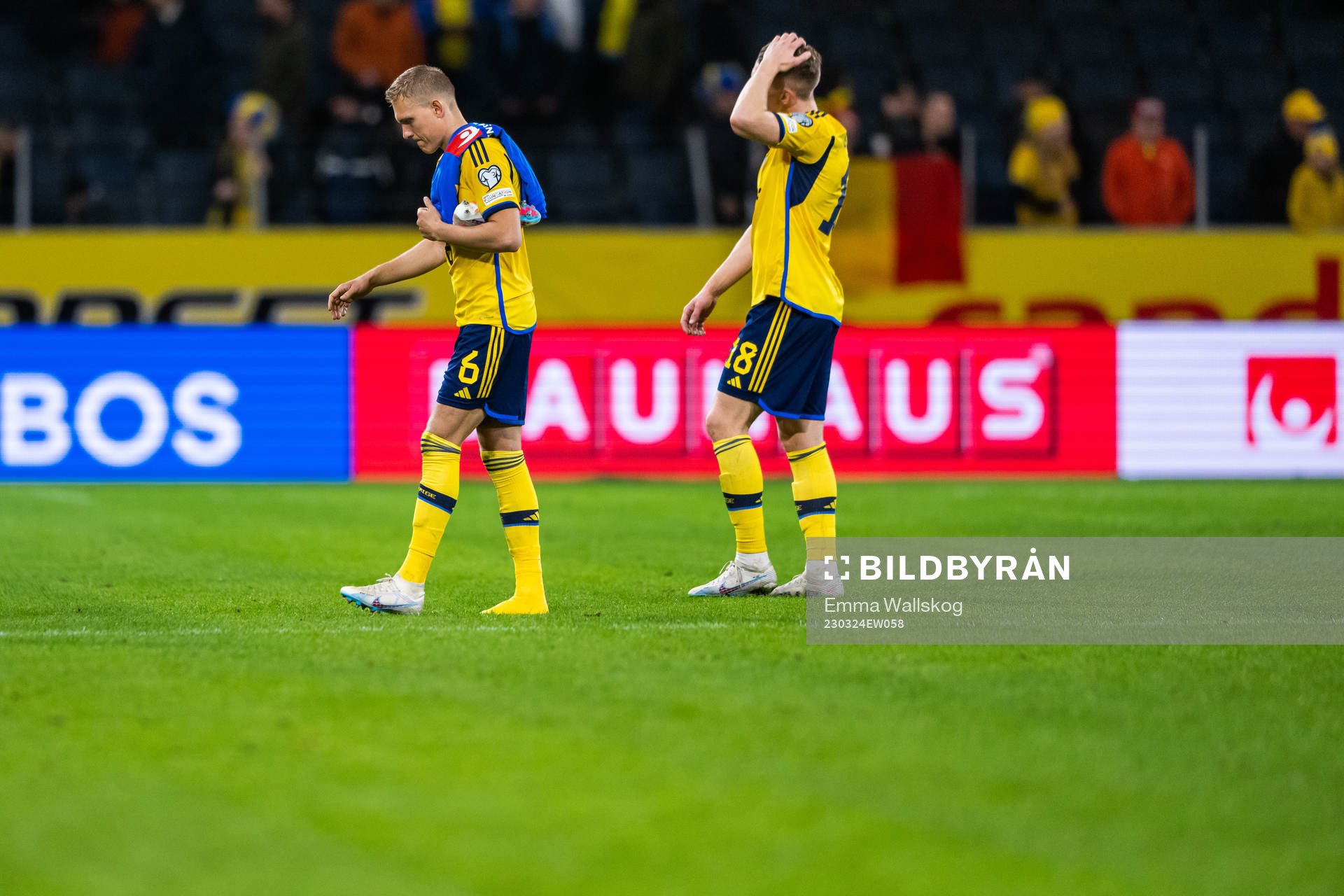 Ludvig Augustinsson and Viktor Gyökeres of Sweden look