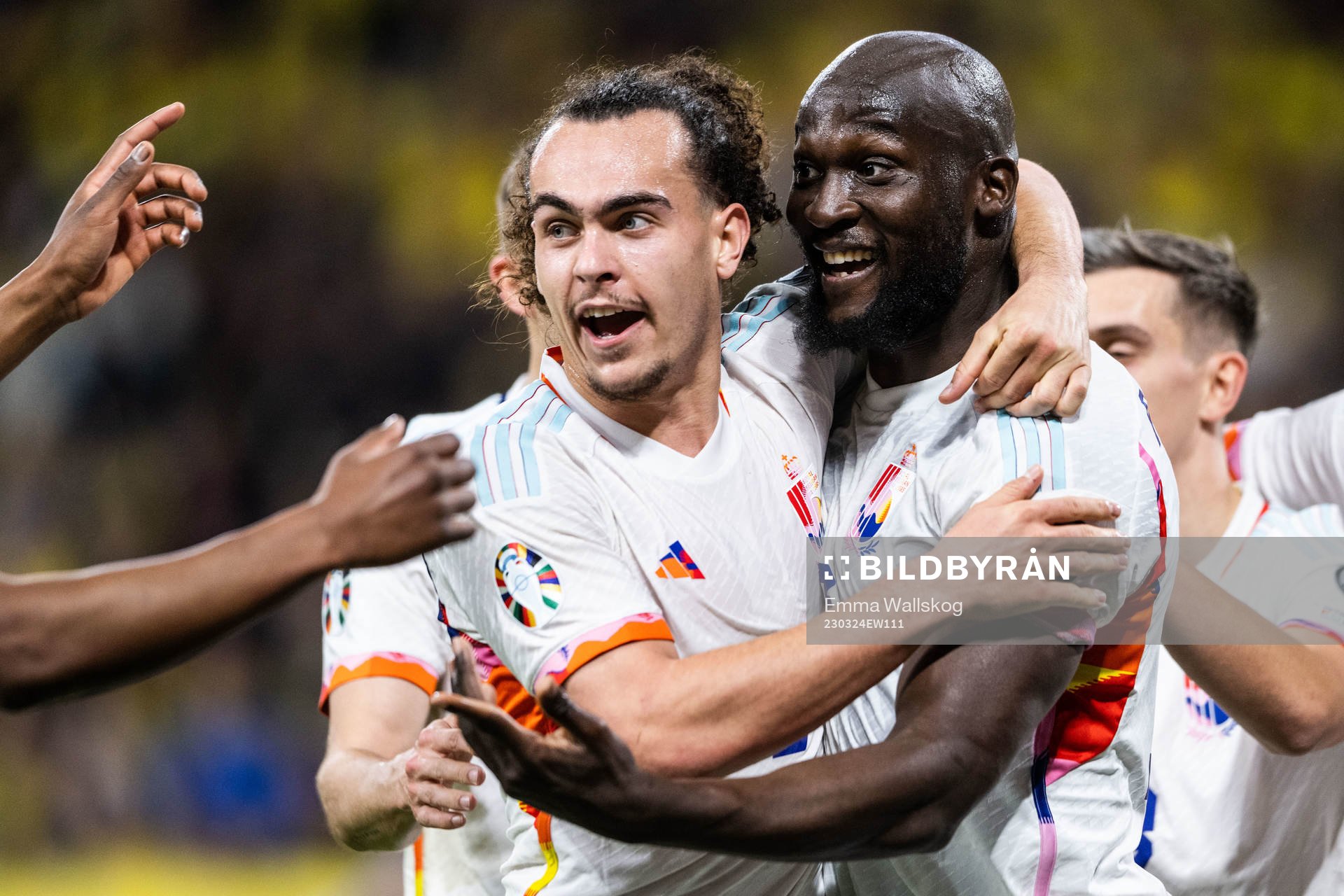 Arthur Theate and Romelu Lukaku of Belgium celebrate