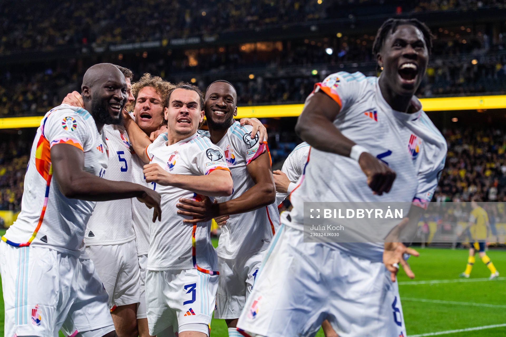 Romelu Lukaku of Belgium celebrates with Jan Vertonghen,