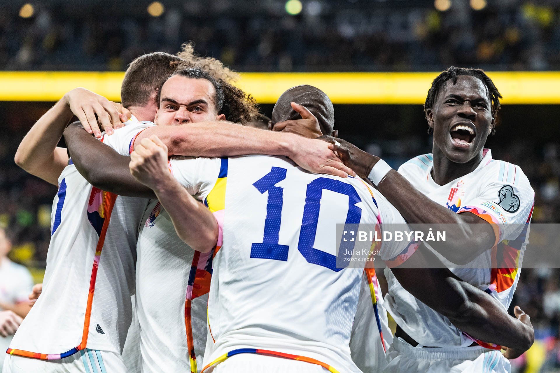 Arthur Theate, Romelu Lukaku and Amadou Onana  of Belgium