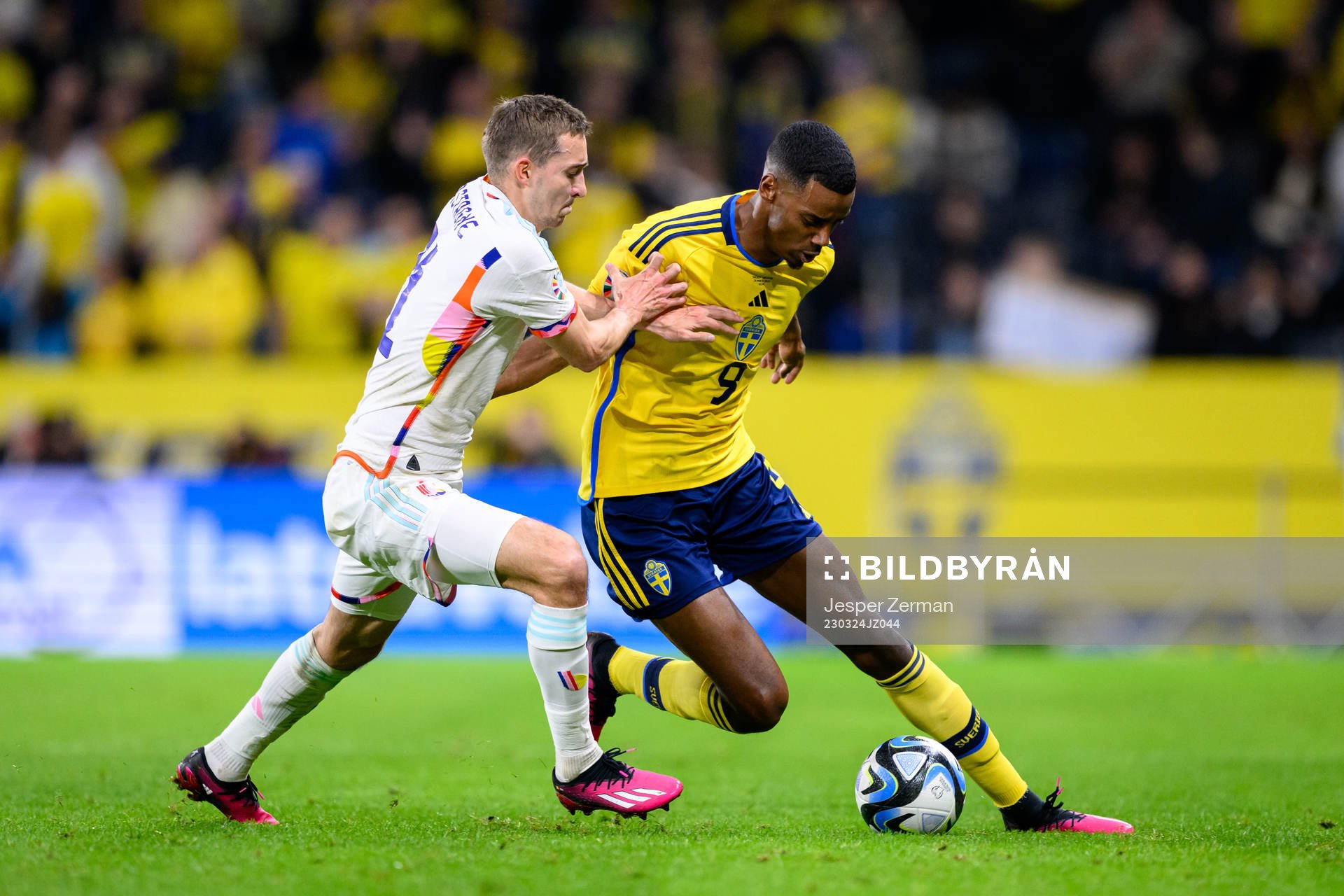 Timothy Castagne of Belgium and Alexander Isak of Sweden