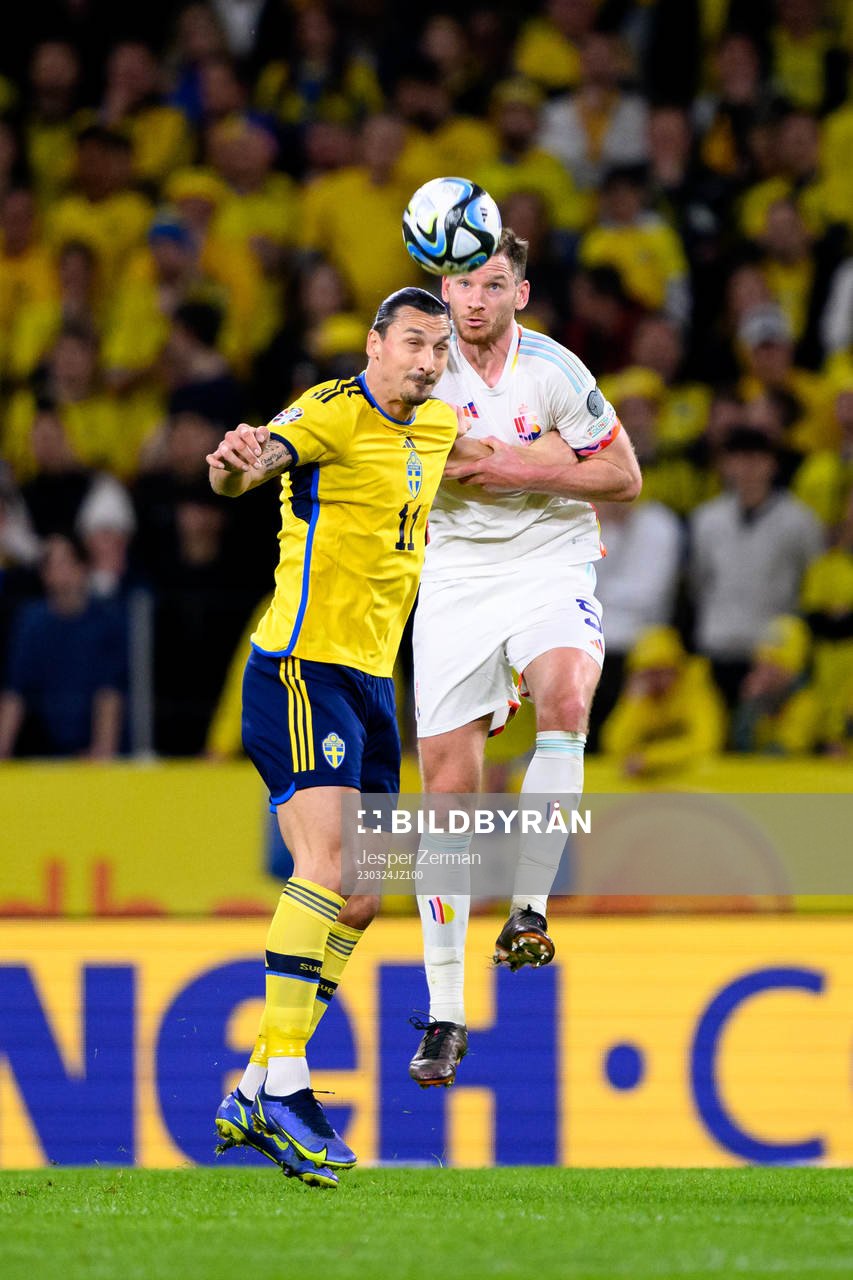 Zlatan Ibrahimovic of Sweden and Jan Vertonghen of Belgium
