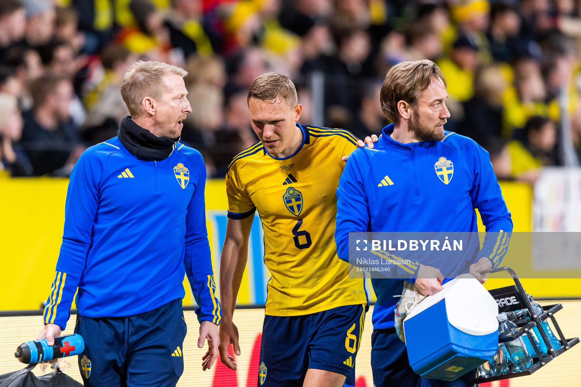 Ludvig Augustinsson of Sweden leaves the pitch due to injury