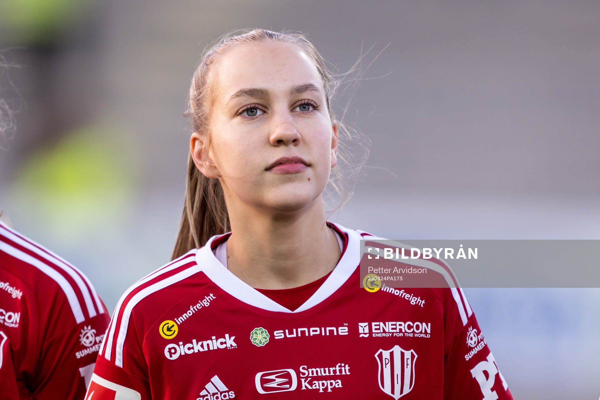 Piteås Sara Eriksson inför fotbollsmatchen i Damallsvenskan mellan FC Rosengård och Piteå den 24 mars 2023 i Malmö. 