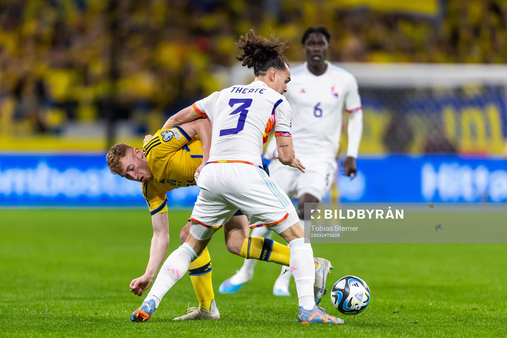 Dejan Kulusevski of Sweden and Arthur Theate of Belgium