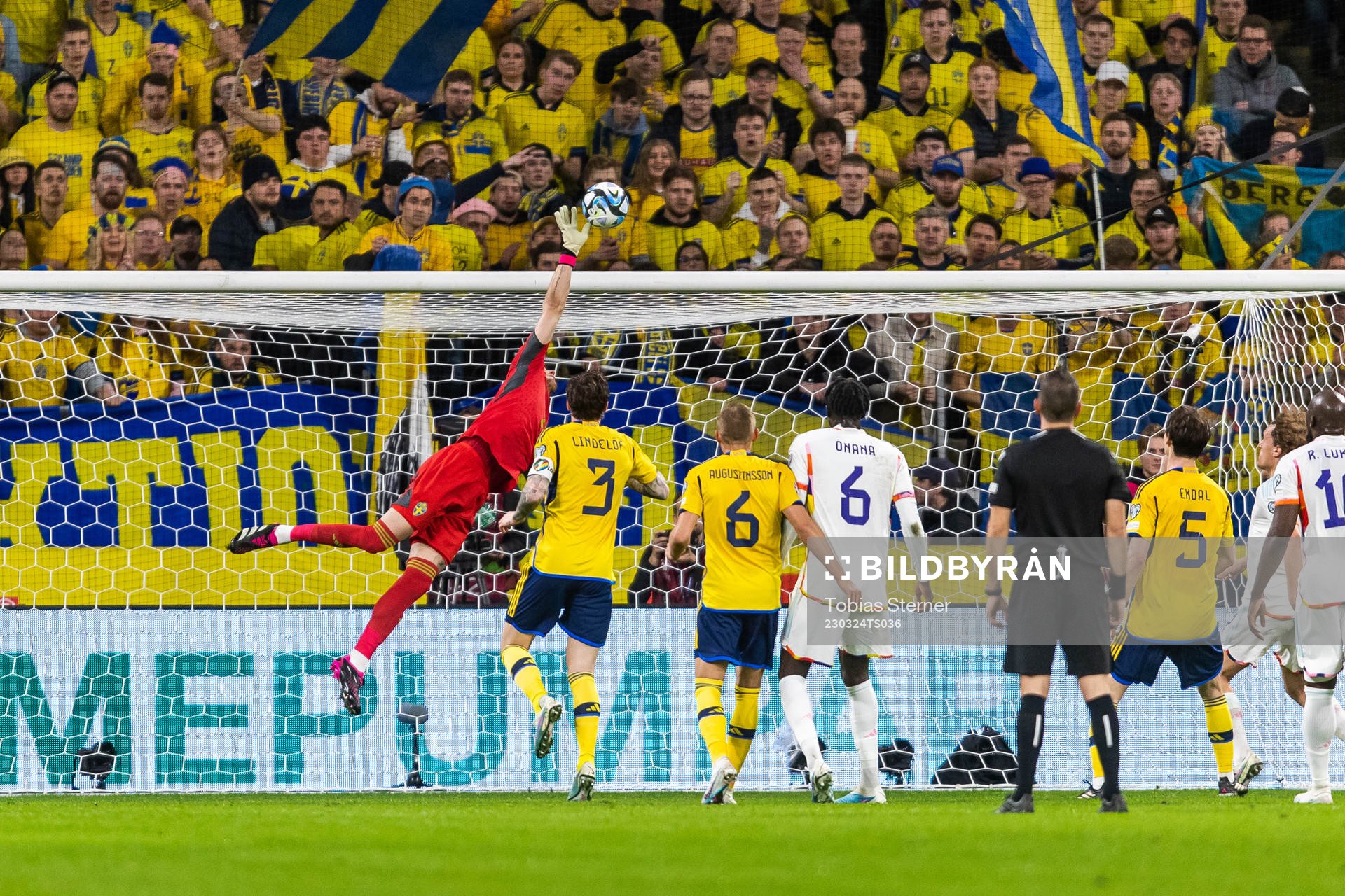 goalkeeper Robin Olsen of Sweden with a save