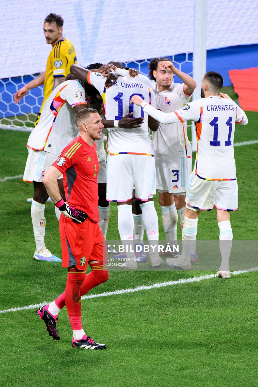 Goalkeeper Robin Olsen of Sweden looks dejected as Romelu