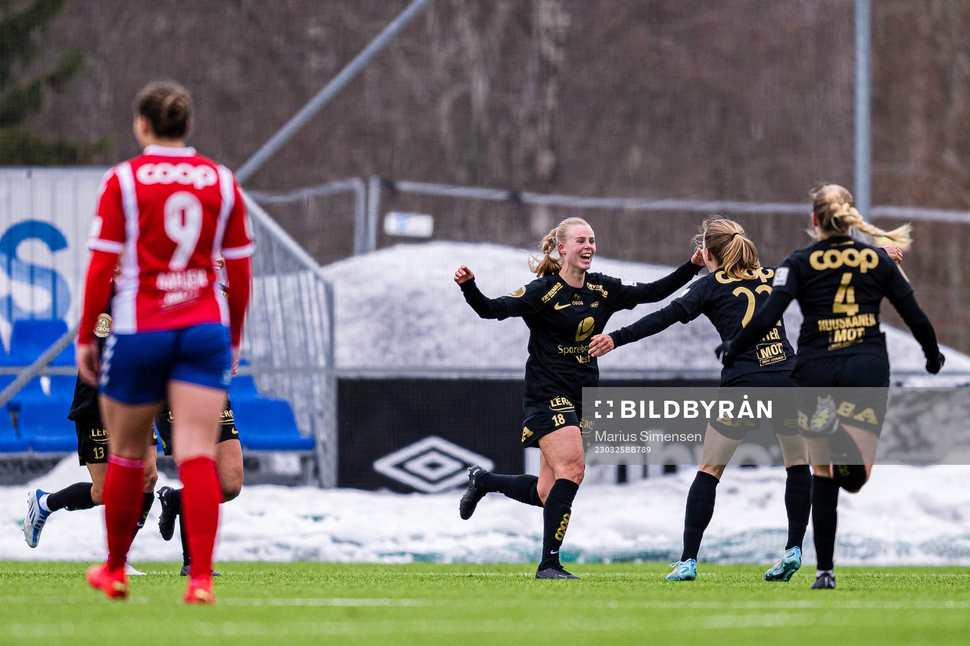 Nora Eide Lie of Brann celebrates after scoring the 1-2 goal during the Toppserien football match between Lyn and Brann on March 25, 2023 in Oslo.