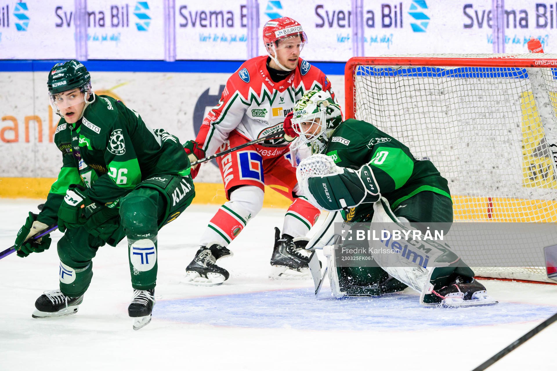 Färjestads Joel Nyström och målvakt Matthew Tomkins