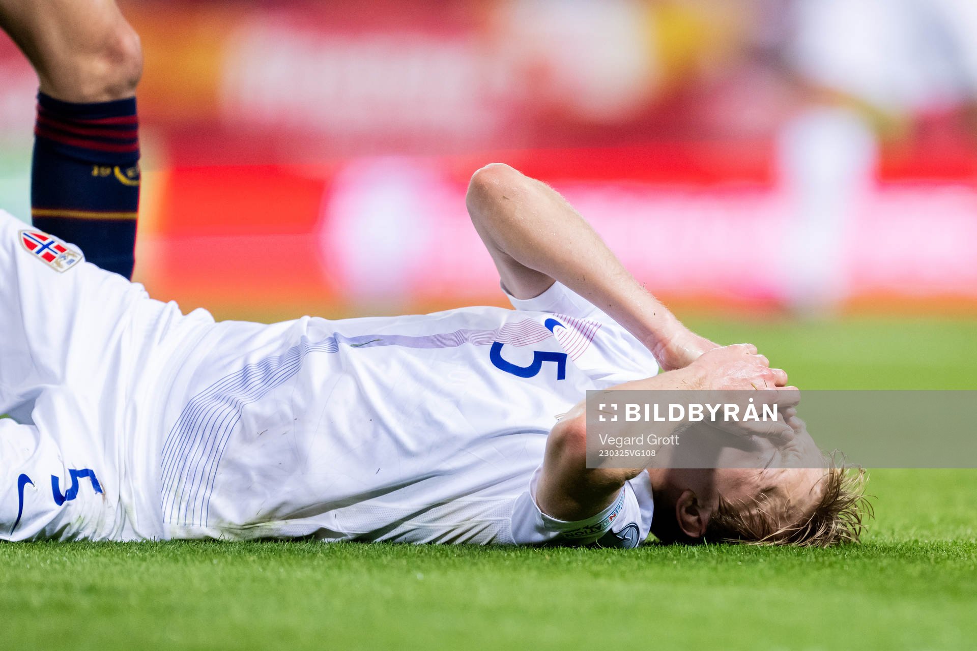 Birger Meling of Norway in pain during the UEFA Euro Qualifier football match between Spain and Norway on March 25, 2023 in Malaga. 