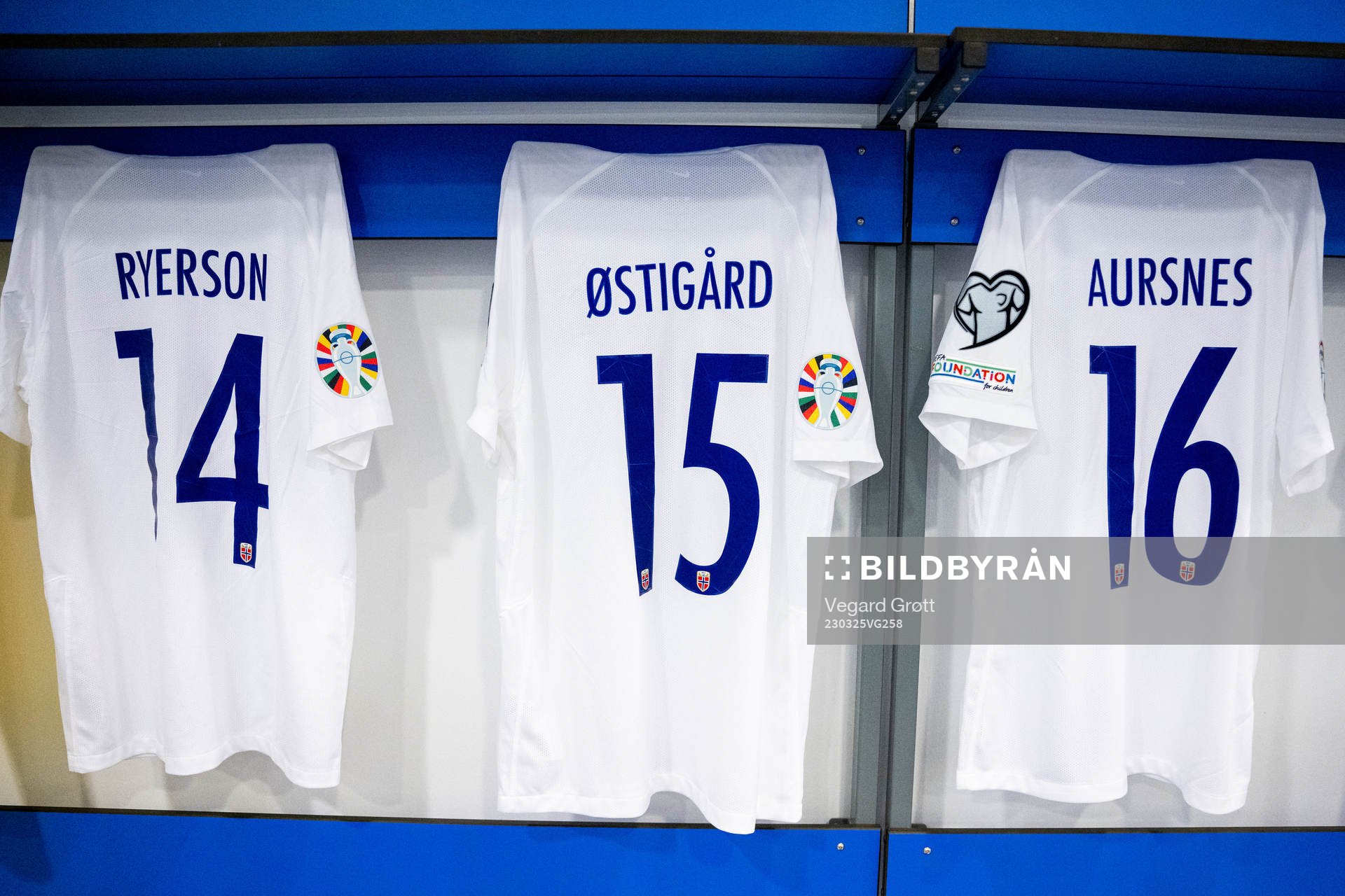 The kits of Julian Ryerson, Leo Skiri Østigård and Fredrik Aursnes of Norway in the dressing room ahead of the UEFA Euro Qualifier football match between Spain and Norway on March 25, 2023 in Malaga.
