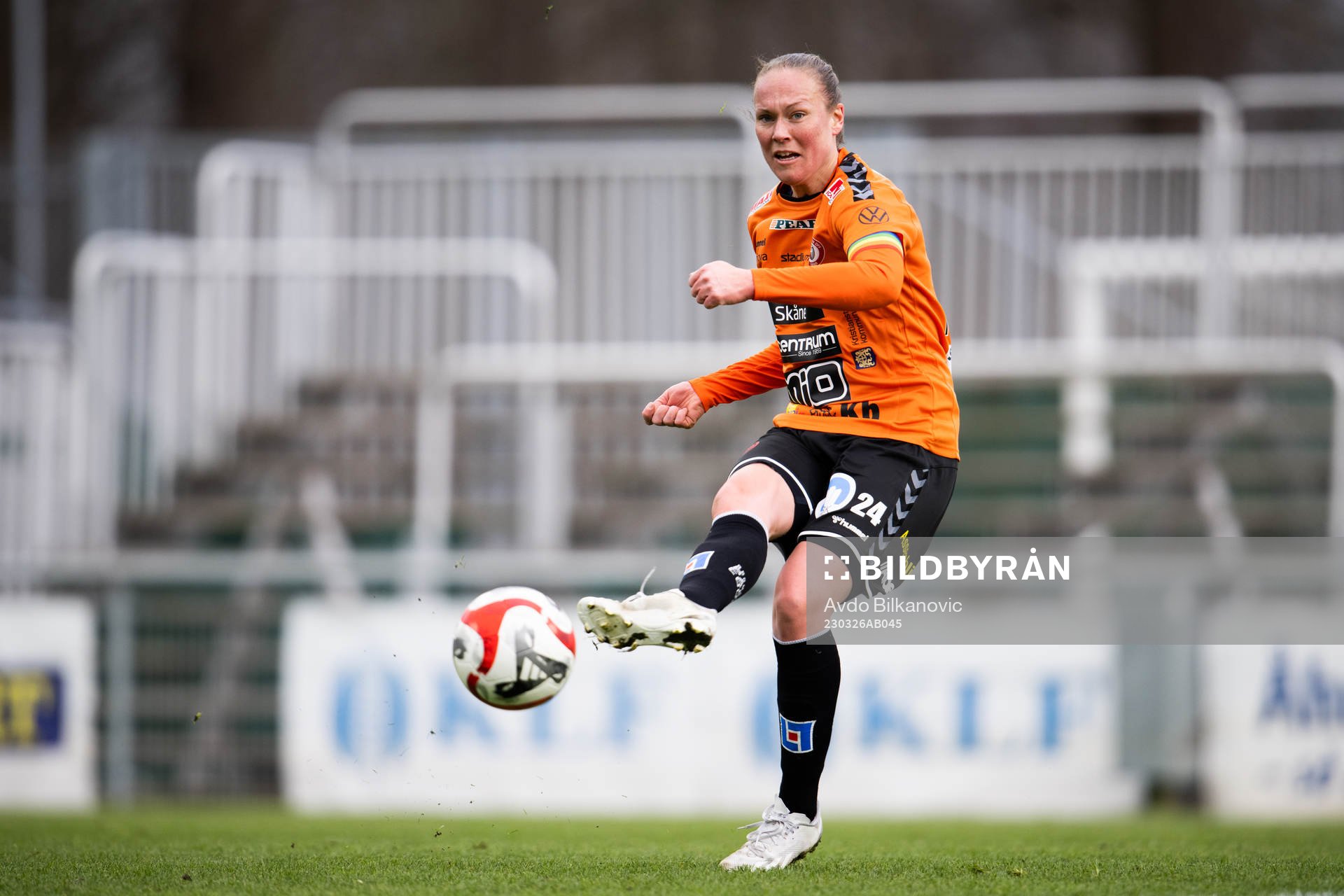Kristianstads Therese Ivarsson under fotbollsmatchen i Damallsvenskan mellan Kristianstad och Kalmar den 26 mars 2023 i Kristianstad.