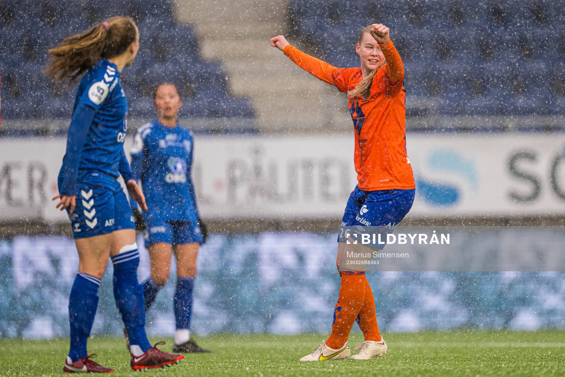 Karna Solskjær of AaFK Fortuna celebrates after scoring the 1-0 goal during the 1. division football match between AaFK Fortuna and Kolbotn on March 26, 2023 in Ålesund.