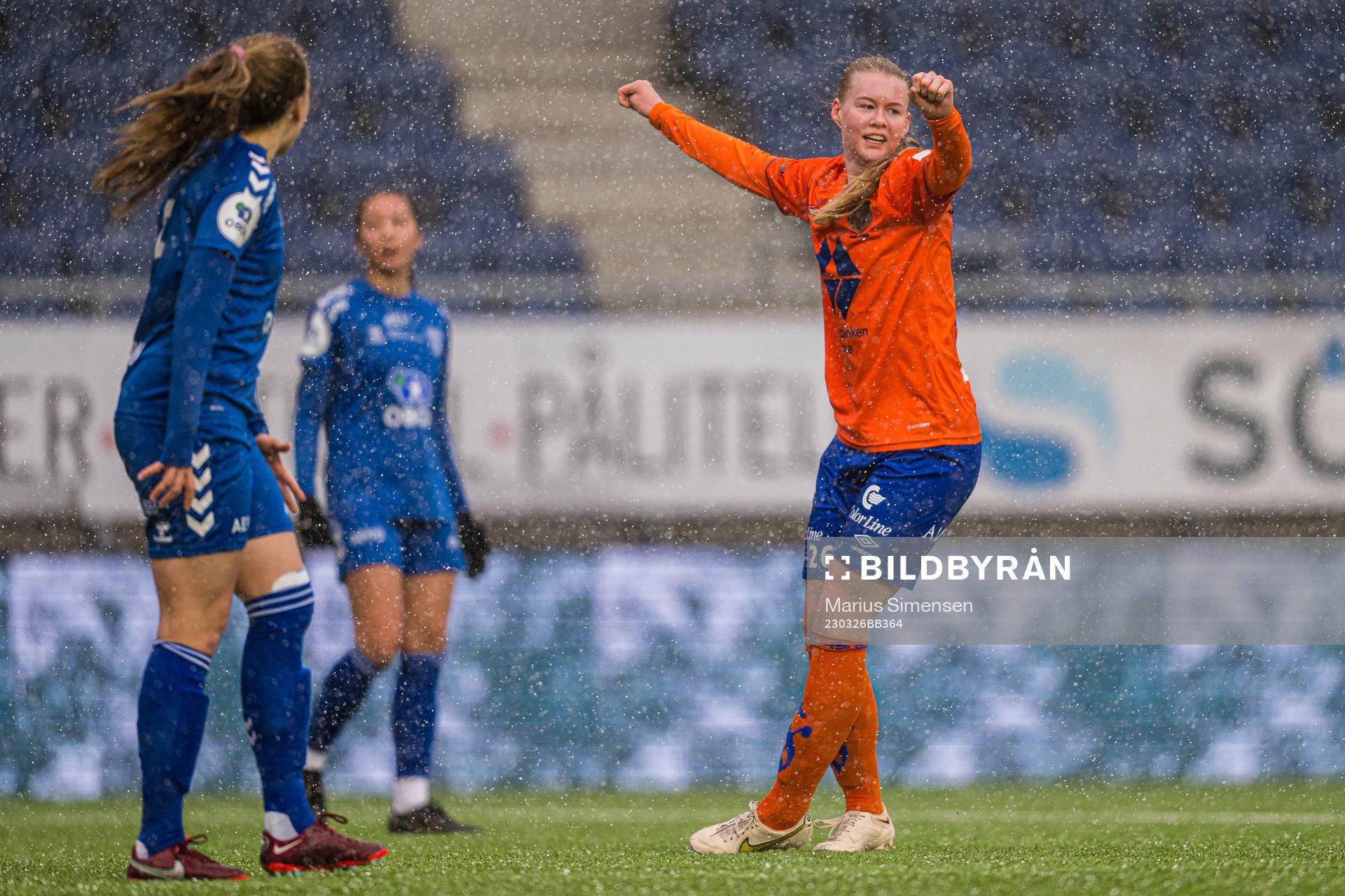 Karna Solskjær of AaFK Fortuna celebrates after scoring the 1-0 goal during the 1. division football match between AaFK Fortuna and Kolbotn on March 26, 2023 in Ålesund.