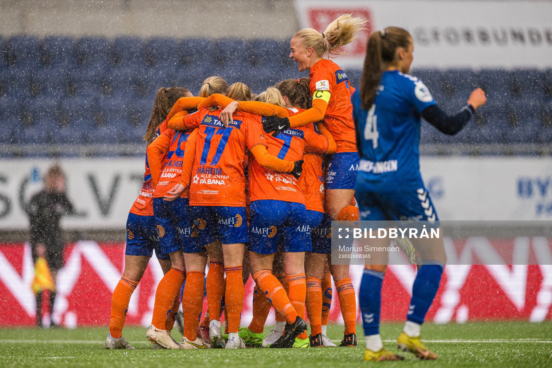 Karna Solskjær of AaFK Fortuna celebrates after scoring the 1-0 goal during the 1. division football match between AaFK Fortuna and Kolbotn on March 26, 2023 in Ålesund.
