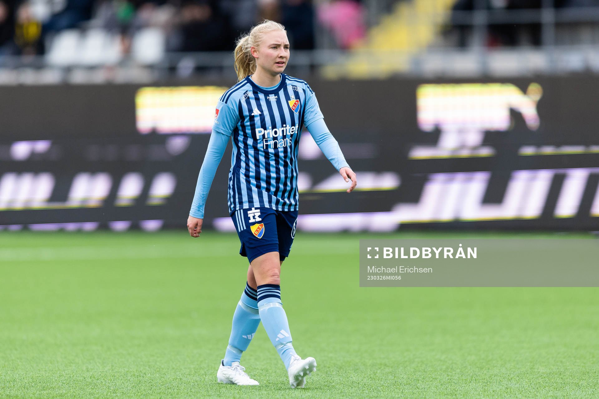 Djurgårdens Stinalisa Johansson under fotbollsmatchen i Damallsvenskan mellan Häcken och Djurgården den 26 mars 2023 i Göteborg. 
