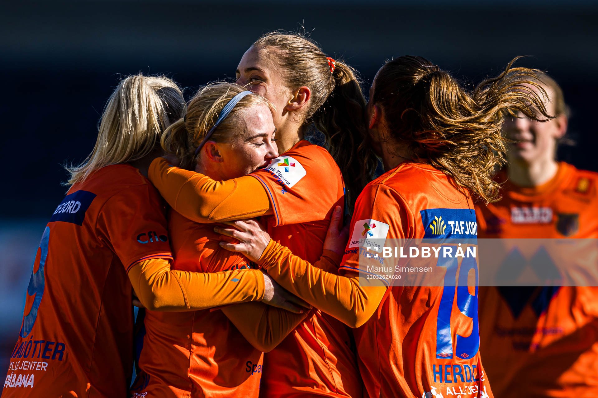 Caylon Mason Mcmillan of AaFK Fortuna celebrates after scoring the 2-3 goal during the 1. division football match between AaFK Fortuna and Kolbotn on March 26, 2023 in Ålesund.