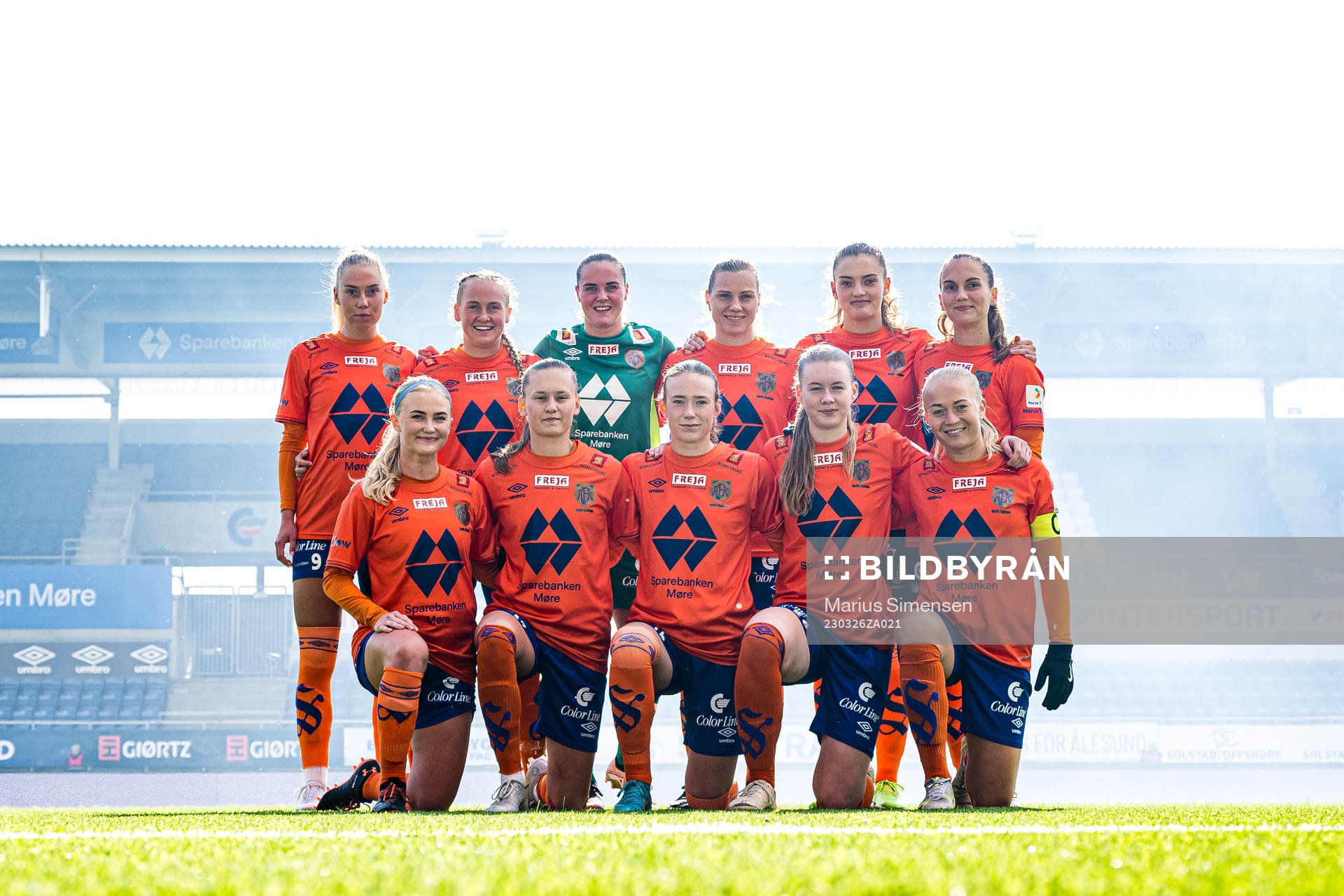 The starting eleven of AaFK Fortuna, from the top left; Daniela Dögg Gudnadottir, Ingeborg Lye Skretting, Benedicte Lund Berge, Linn Huseby, Guro Hammer Røn, Maria Herdel Pedersen, Caylon Mason Mcmillan, Nora Harnes Håheim, Helle Olsen Rindal, Karna Solskjær and Mette Osvold Muri poses for a team group photo ahead of the 1. division football match between AaFK Fortuna and Kolbotn on March 26, 2023 in Ålesund.