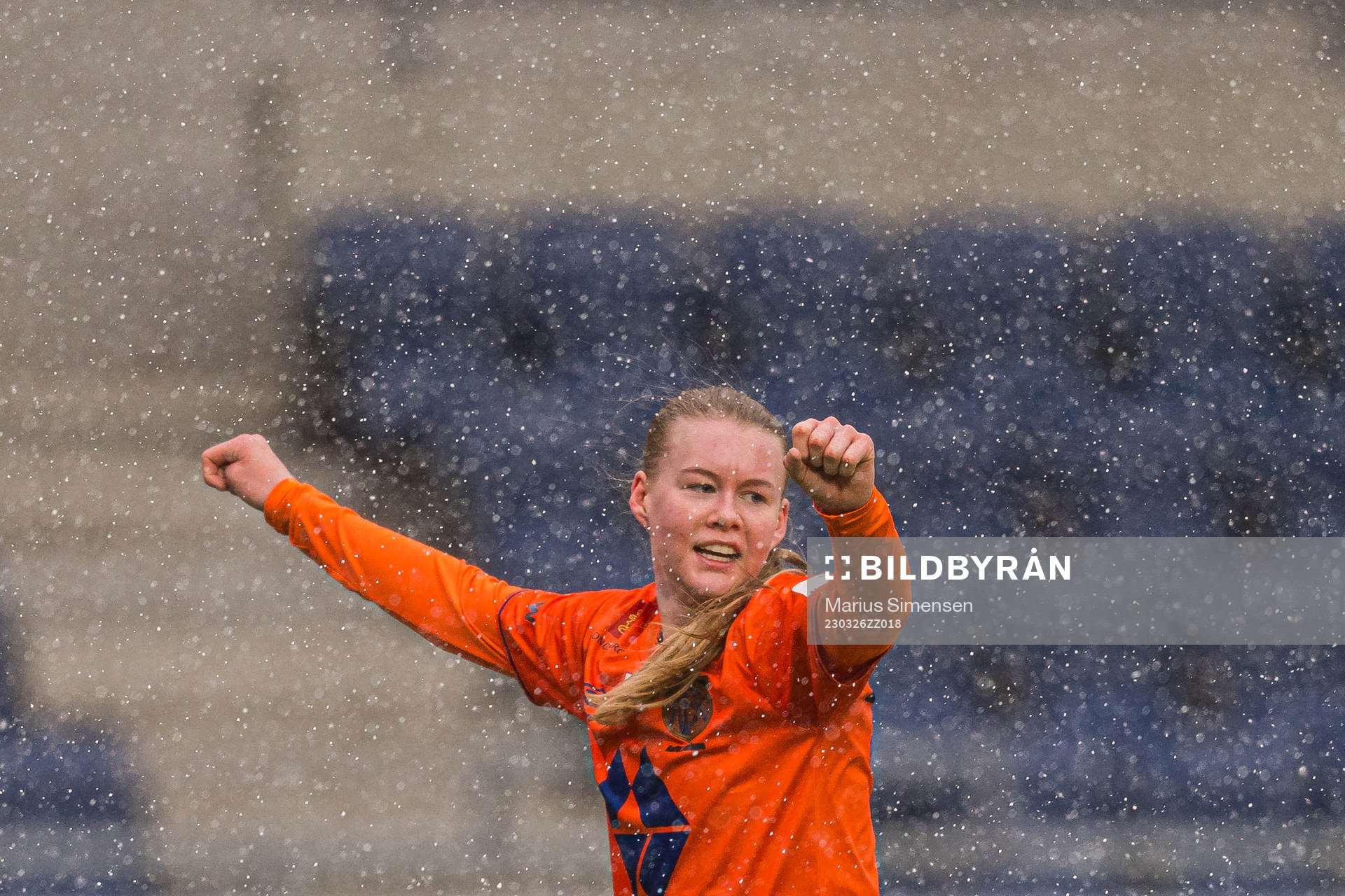 Karna Solskjær of AaFK Fortuna celebrates after scoring the 1-0 goal during the 1. division football match between AaFK Fortuna and Kolbotn on March 26, 2023 in Ålesund.