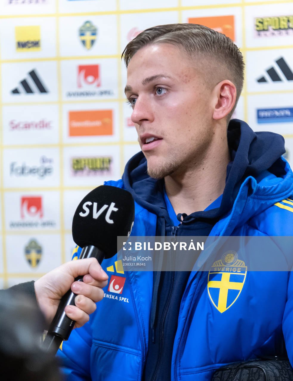 Jesper Karlström of Sweden in the mixed zone after the UEFA Euro Qualifier football match between Sweden and Azerbaijan on March 27, 2023 in Stockholm.