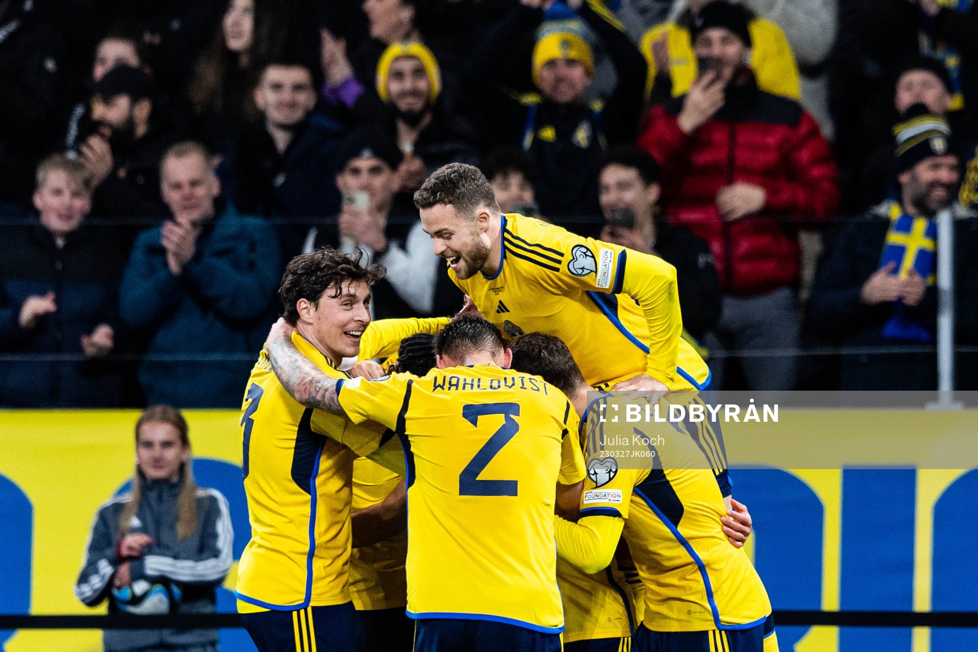 Victor Nilsson Lindelöf, Linus Wahlqvist Egnell and Viktor Claesson celebrates after 4-0 during the UEFA Euro Qualifier football match between Sweden and Azerbaijan on March 27, 2023 in Stockholm.
