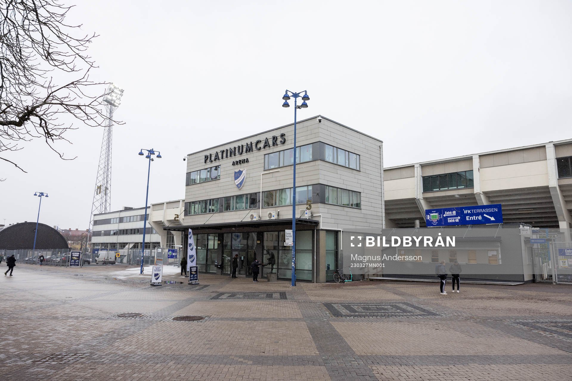Exteriör av Platinumcars Arena inför fotbollsmatchen i Damallsvenskan mellan IFK Norrköping och Växjö den 27 mars 2023 i Norrköping.