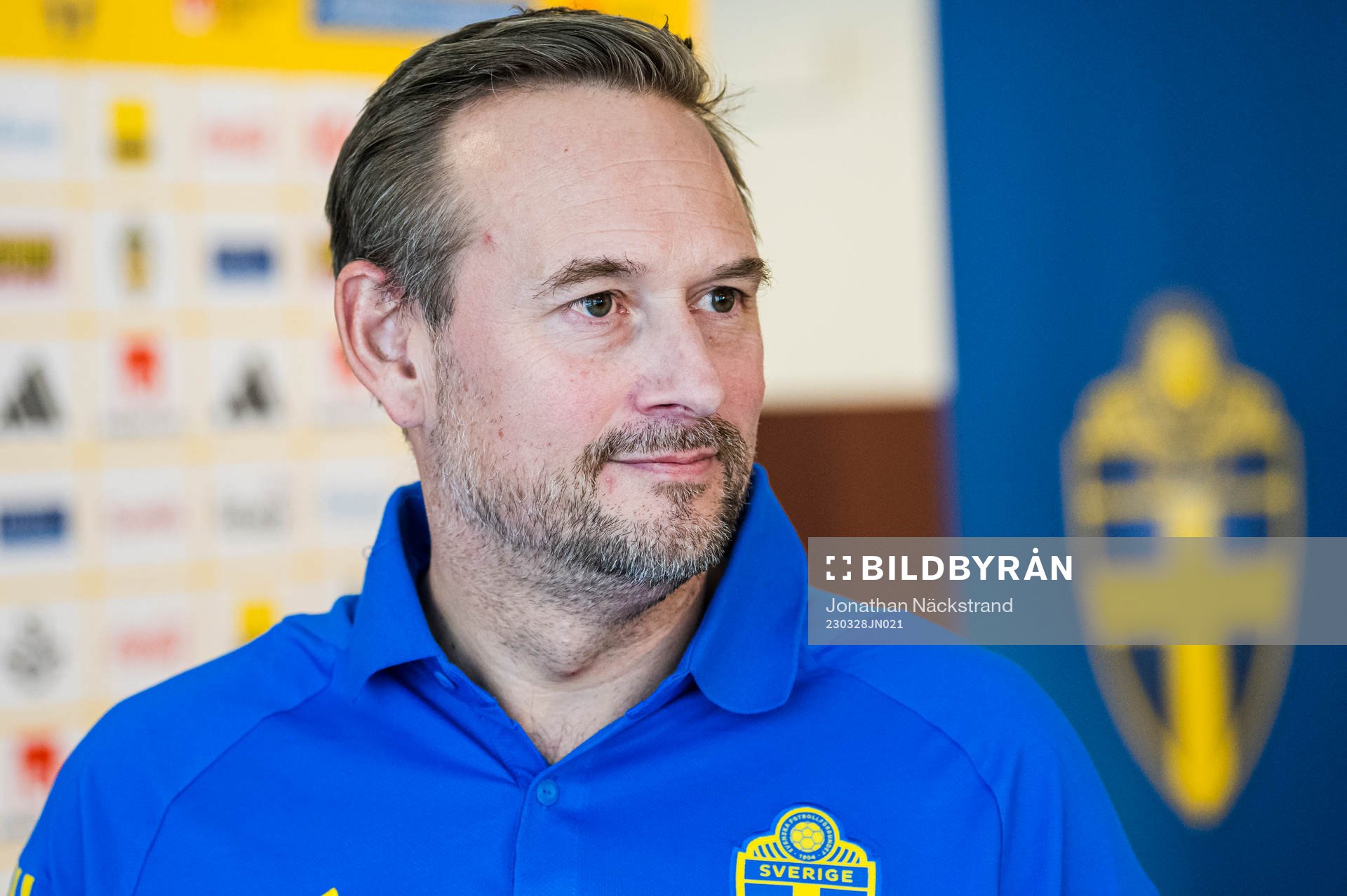 Head coach Martin Qvarmans Möller of the Swedish Women's Under 23 national football team during a press conference on March 28, 2023 in Stockholm.